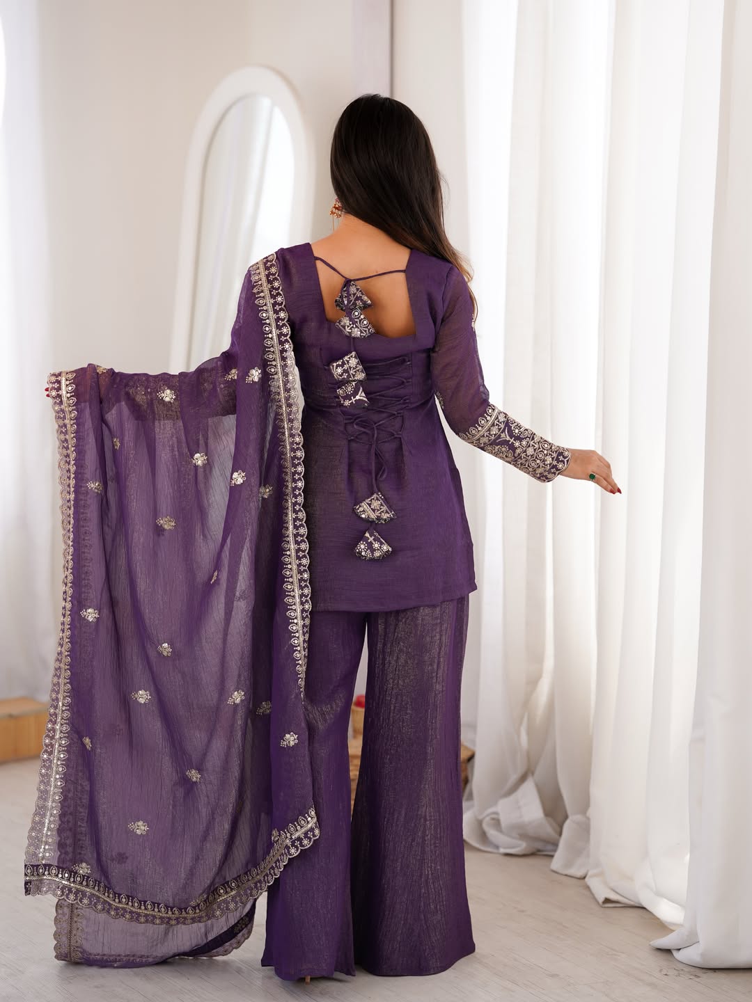 Purple Crunchy Silk Embroidered Kurta Palazzo Set