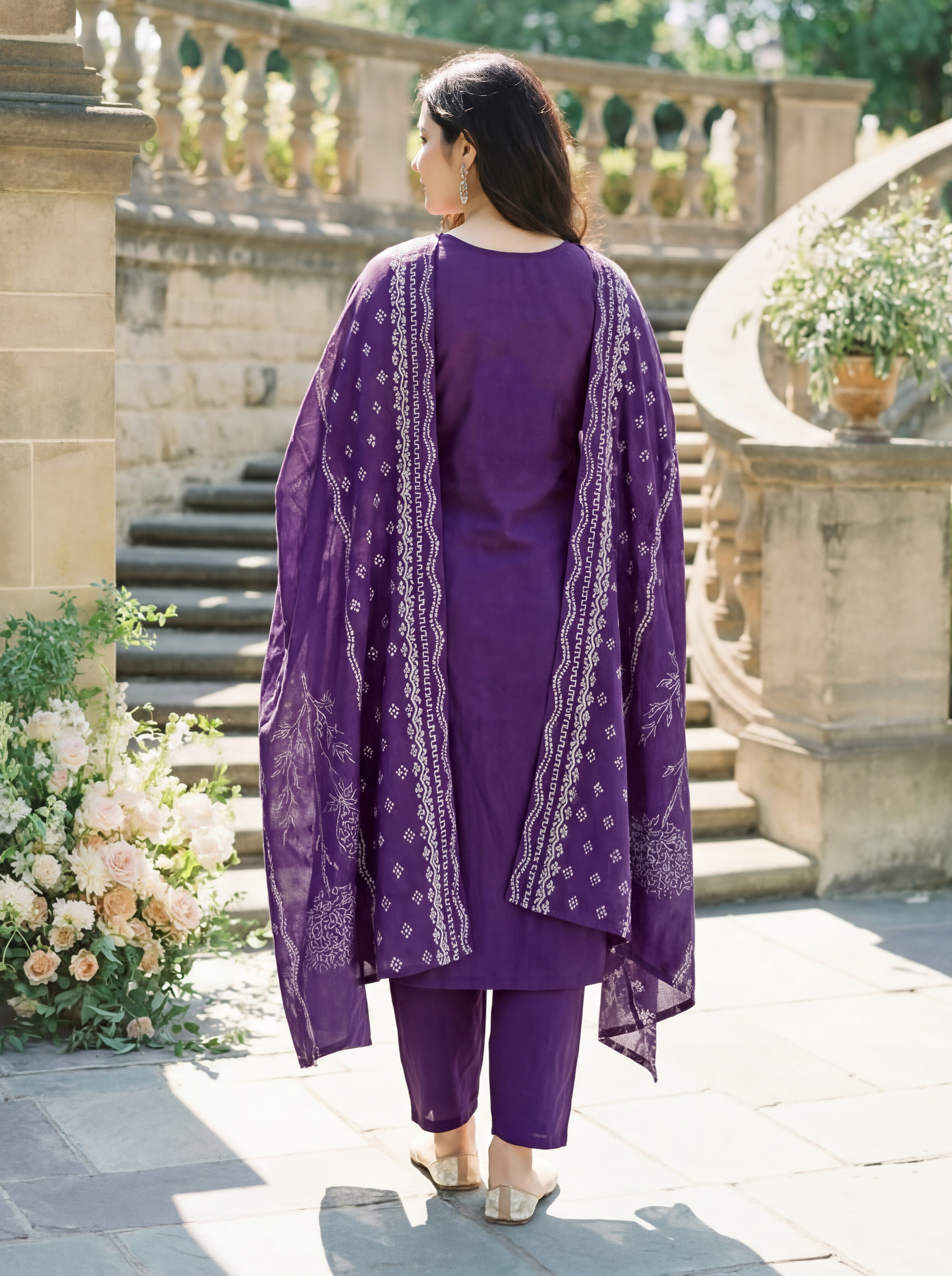 Purple Muslin Kurta Set with Traditional Print