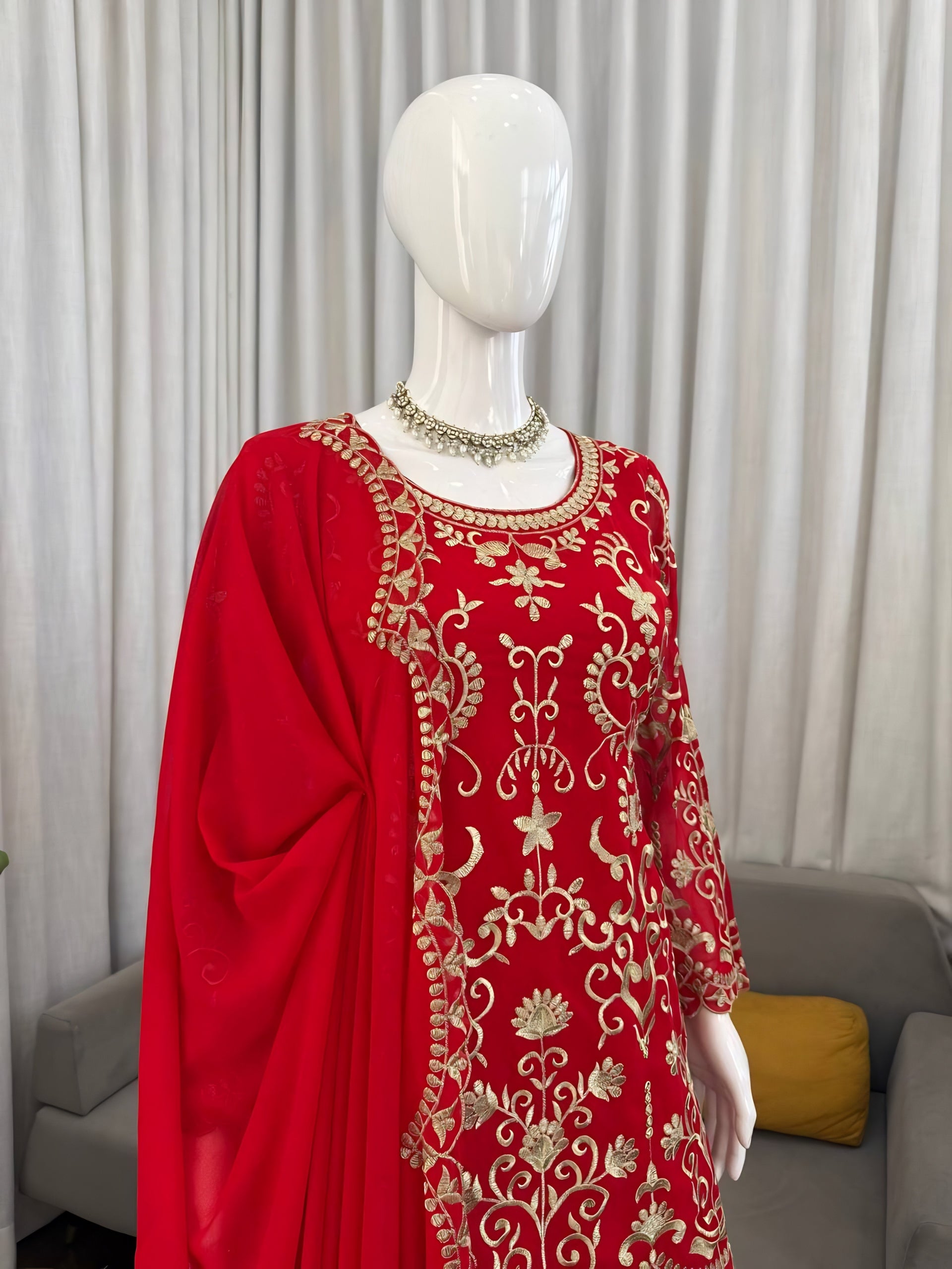 Red Heavy Embroidered Faux Georgette Sharara Suit Set
