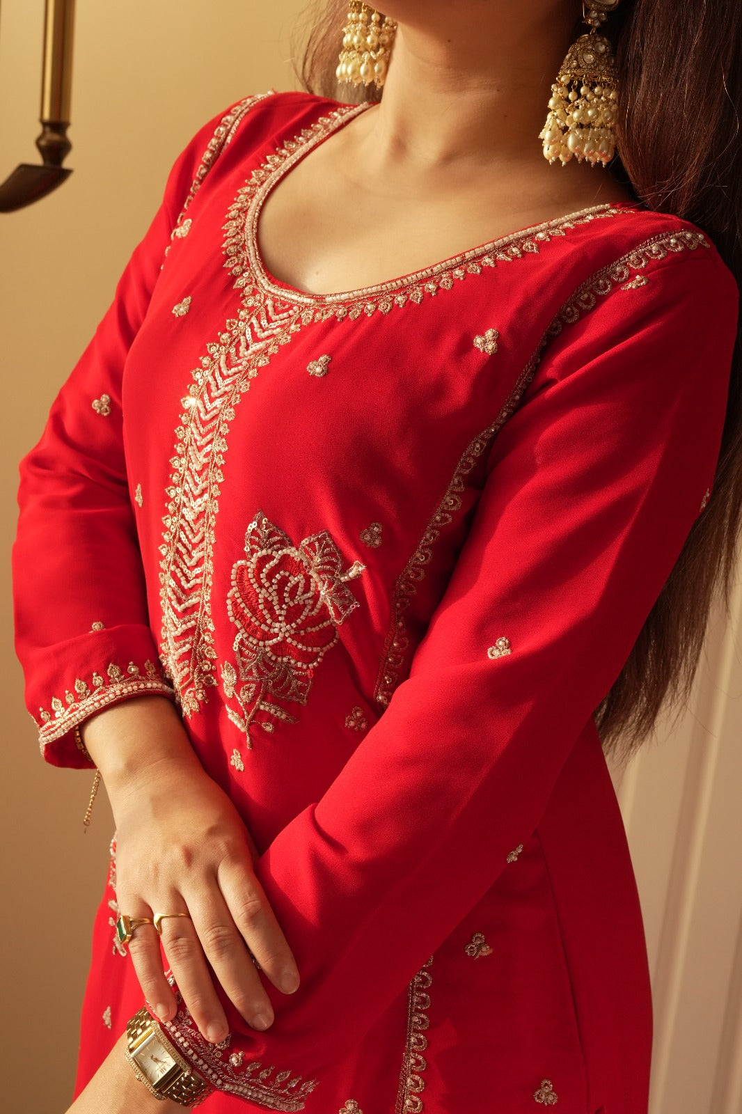 Traditional Red Hand-Embroidered Silk Sharara Suit
