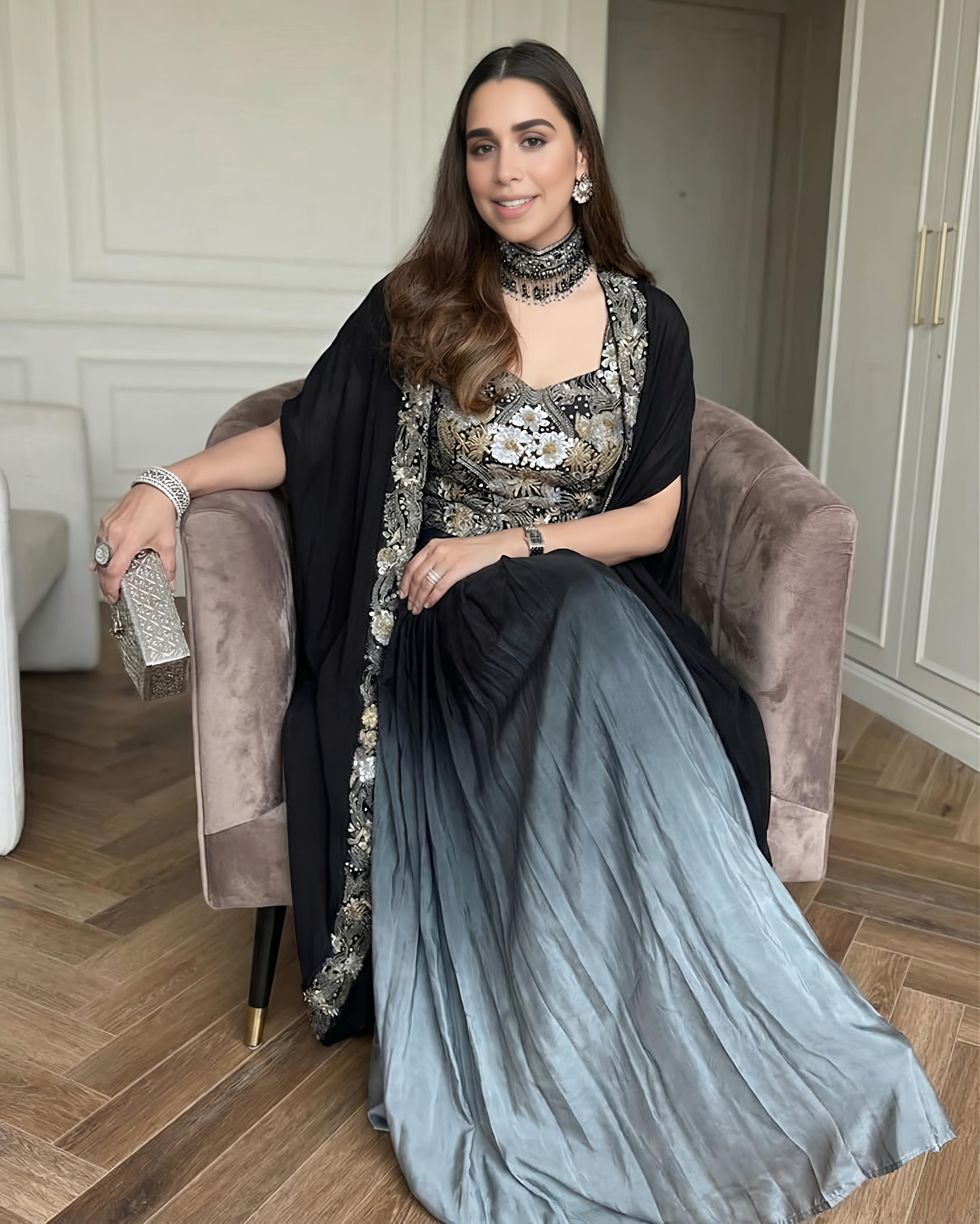 Black Ombre Draped Dhoti Skirt Set
