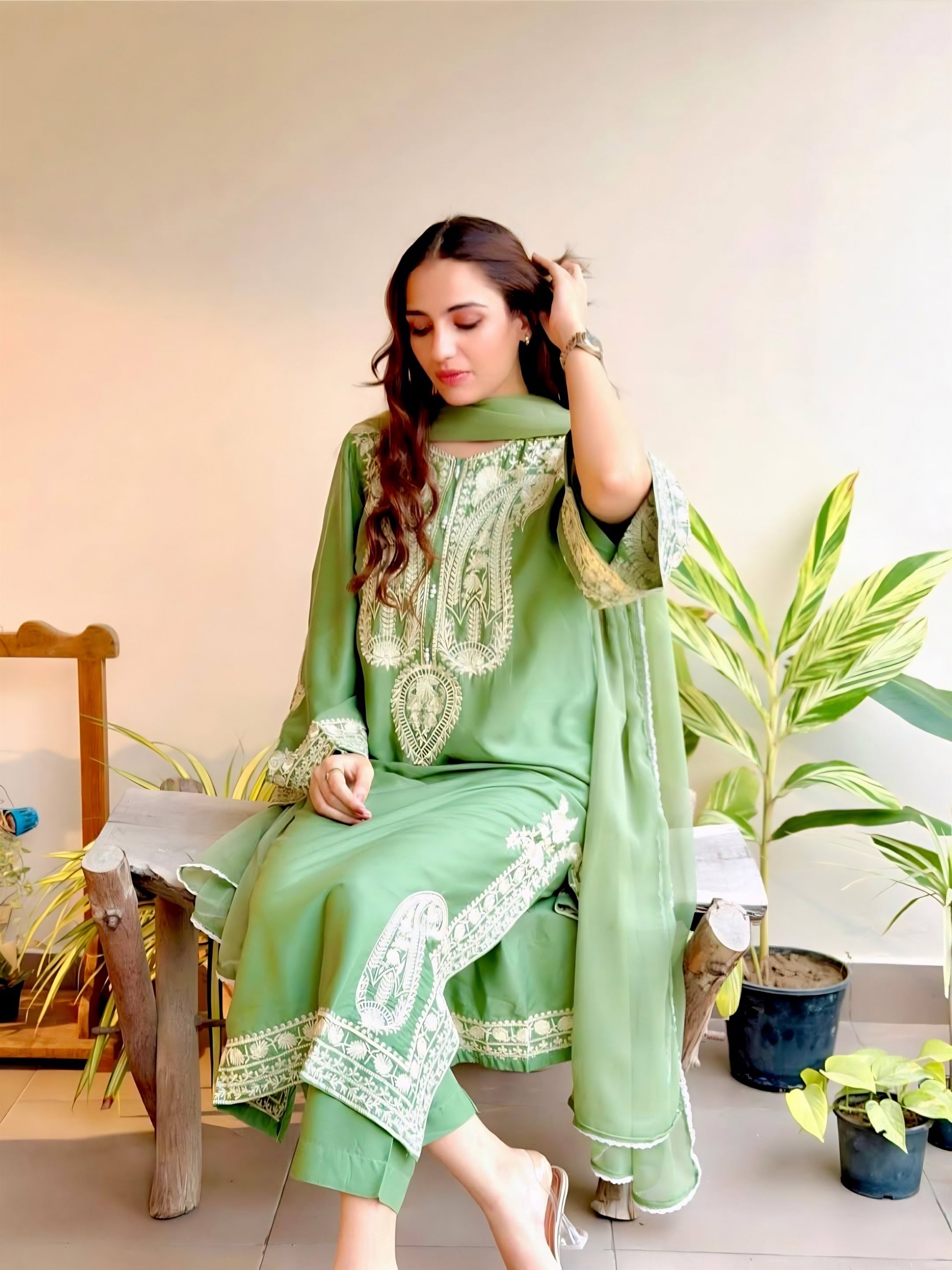 Sage Green Embroidered Suit Set