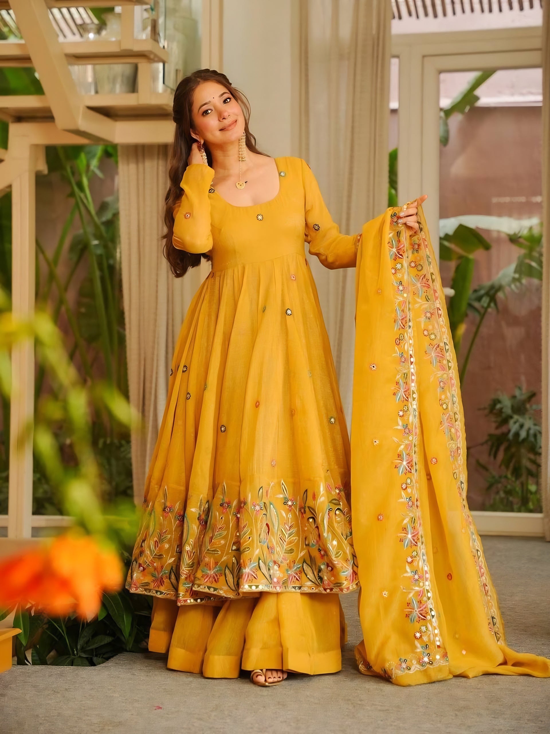 Yellow Embroidered Crunchy Silk Anarkali Suit Set