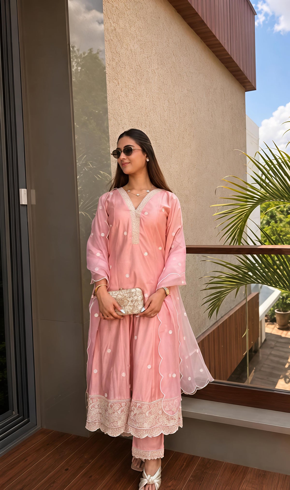 Blush Pink Chanderi A-line Suit Set