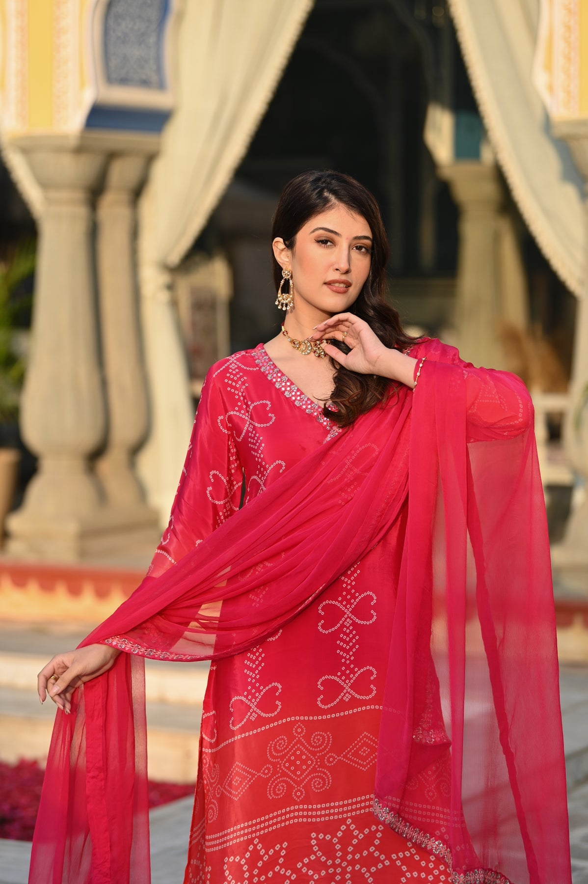 Pink Printed Chinon Bandhani Suit Set