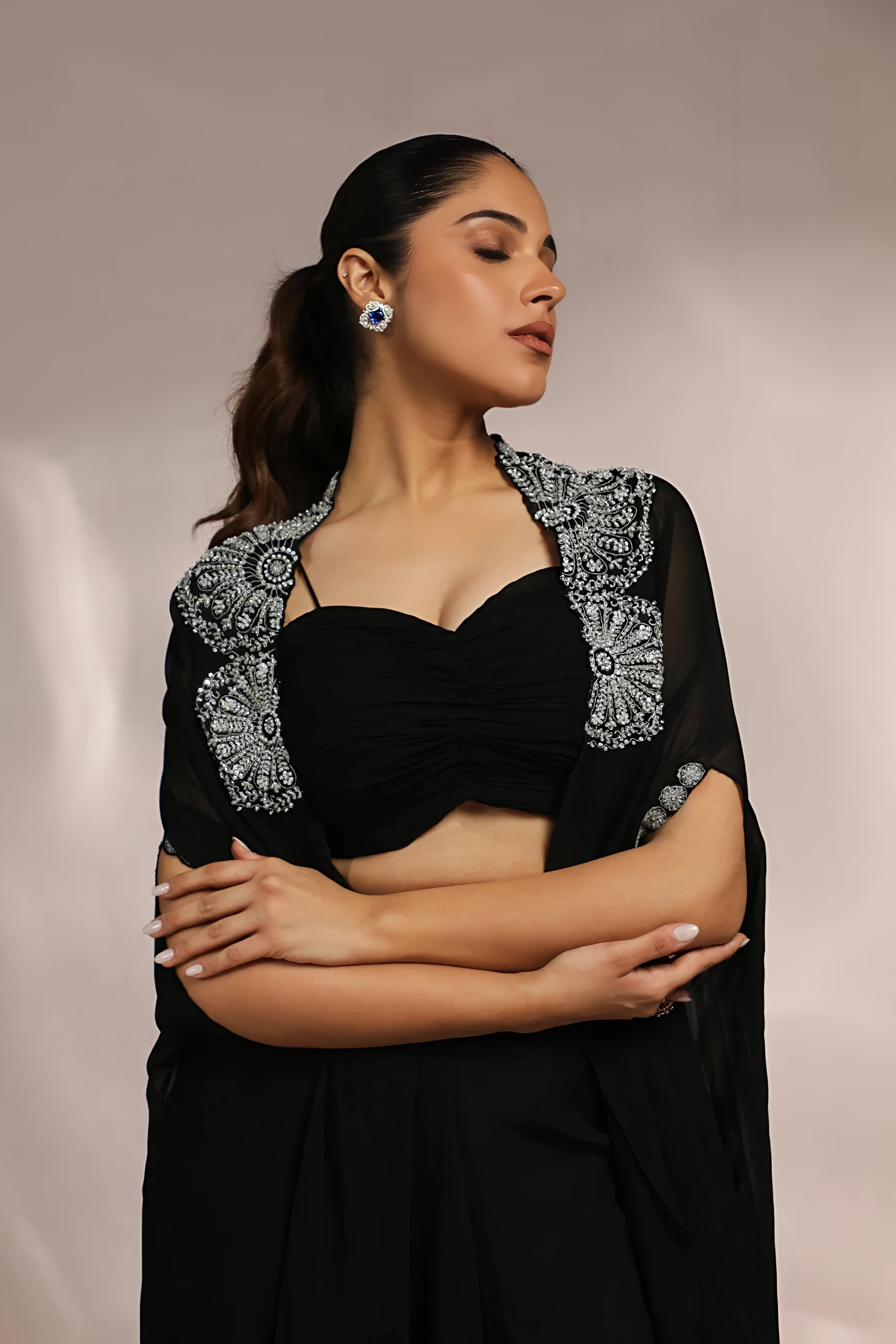 RUCHING BLOUSE WITH SIDE SLIGHT PANT AND CAPE SET