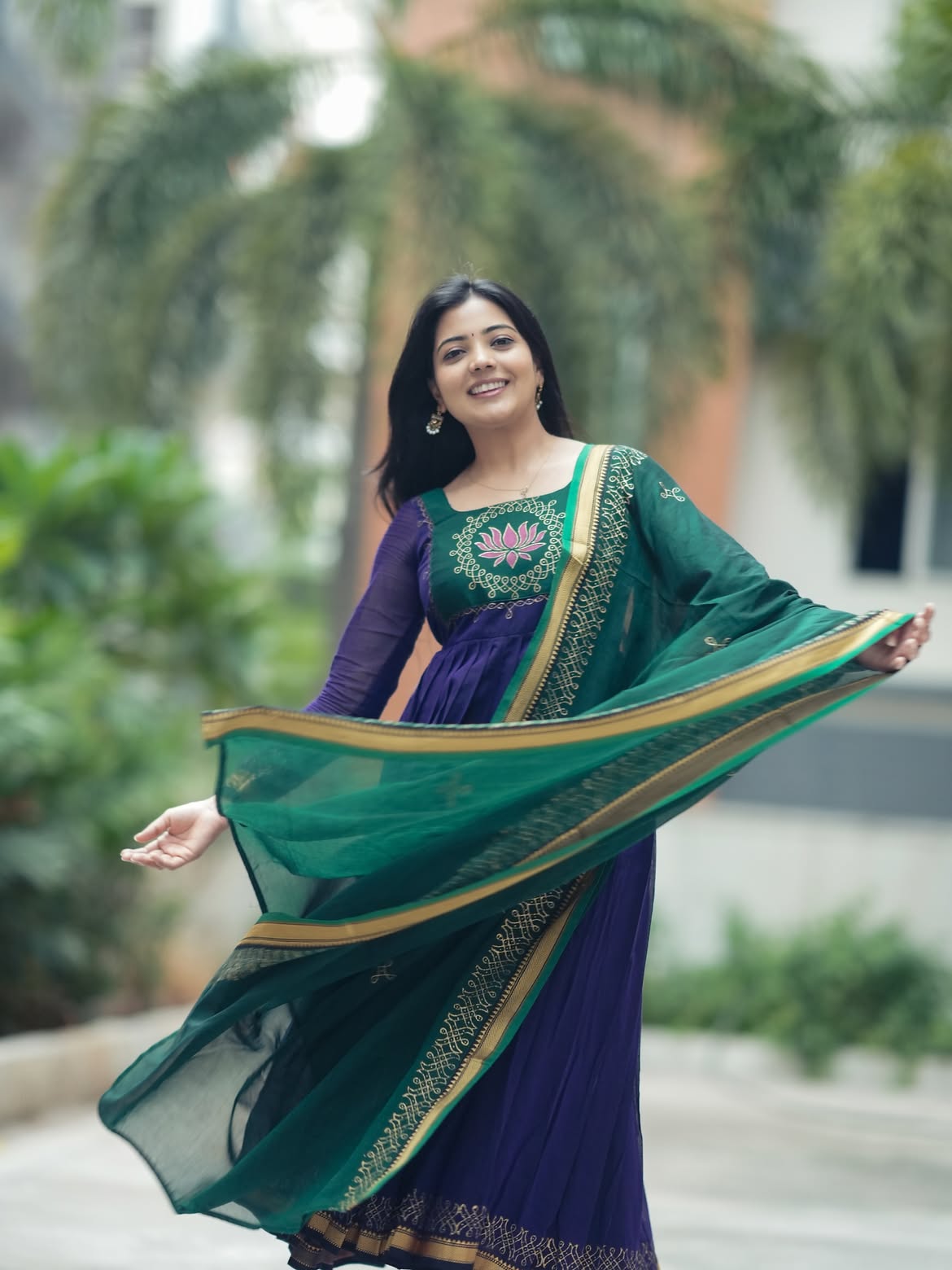 Deep Blue Emerald Green Flared Anarkali Suit Set