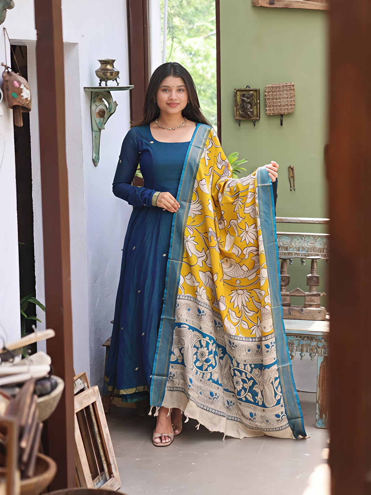 Narayanpet Anarkali Peacock Blue Kalamkari