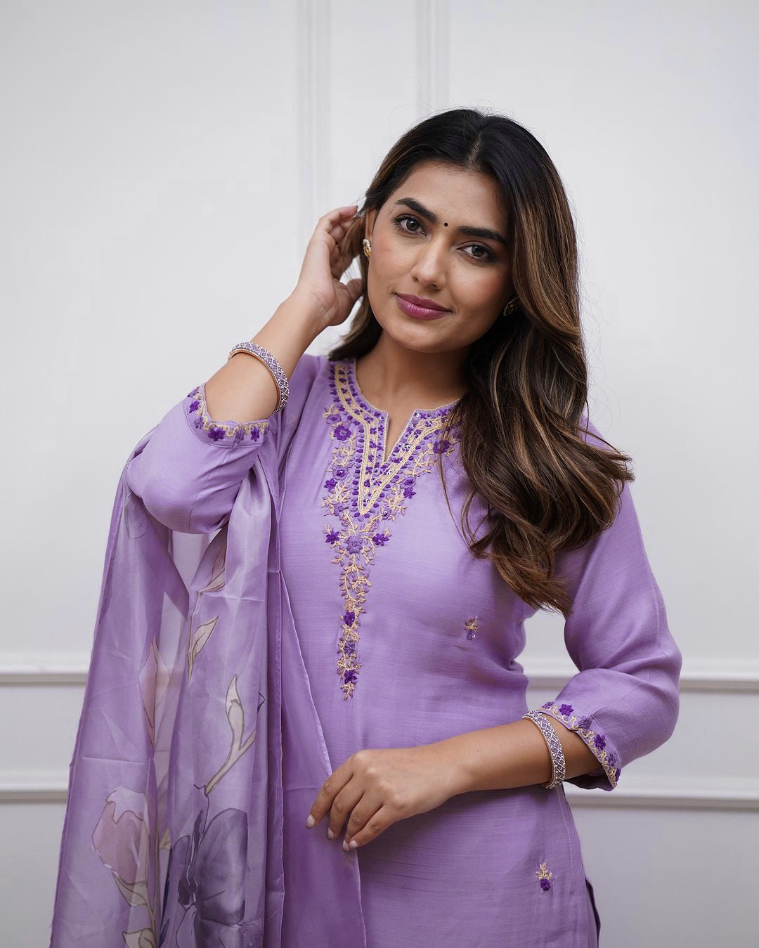Lavender Embroidered Straight Kurta Pants Set