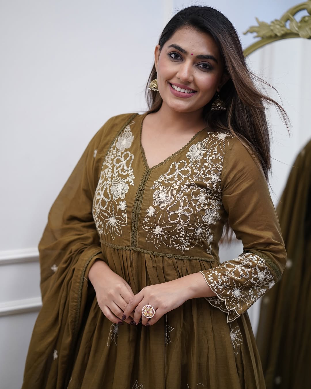 Olive Green Cotton Silk Floral Embroidered Anarkali Gown Set