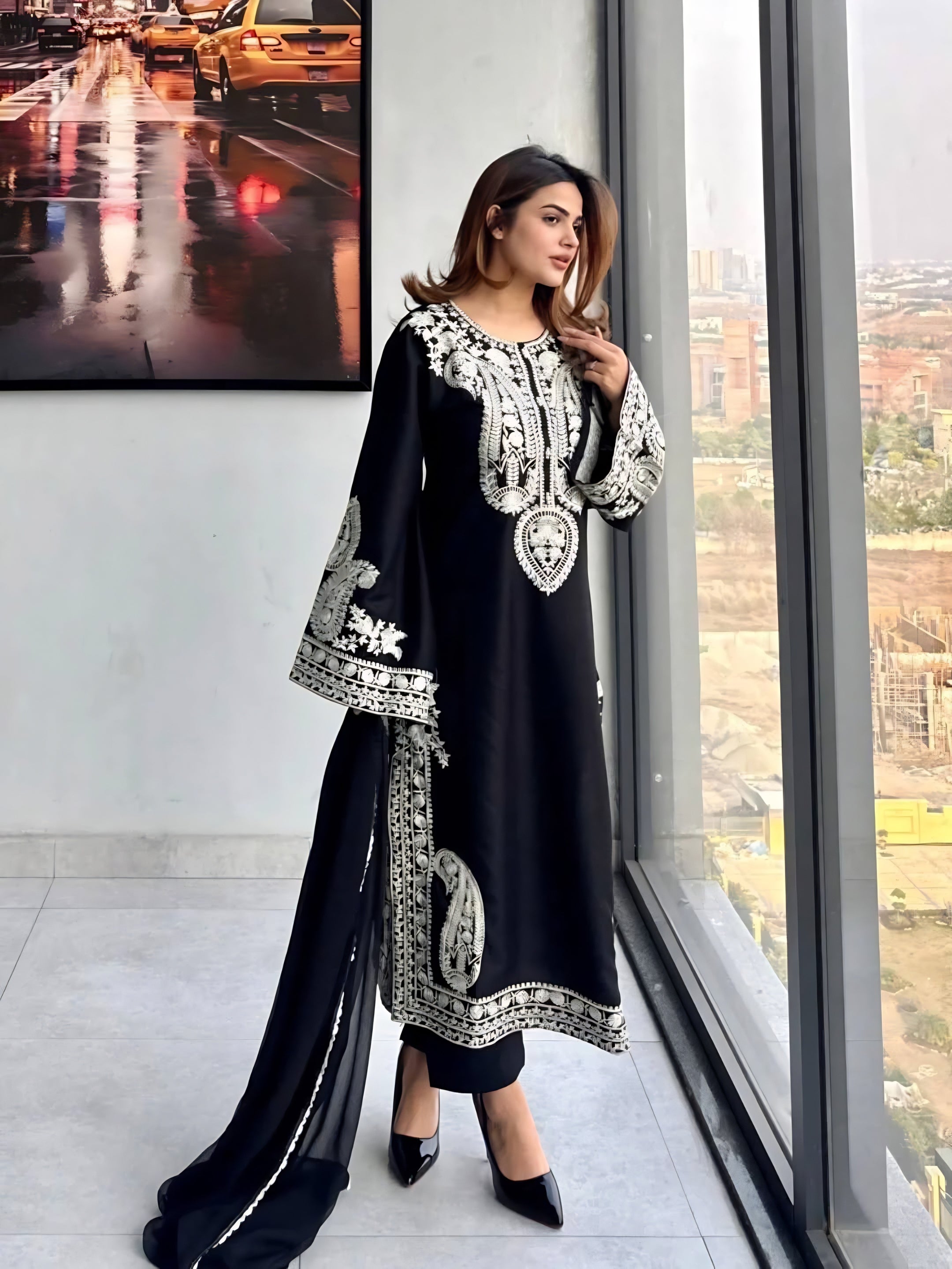 Black Embroidered Suit Set