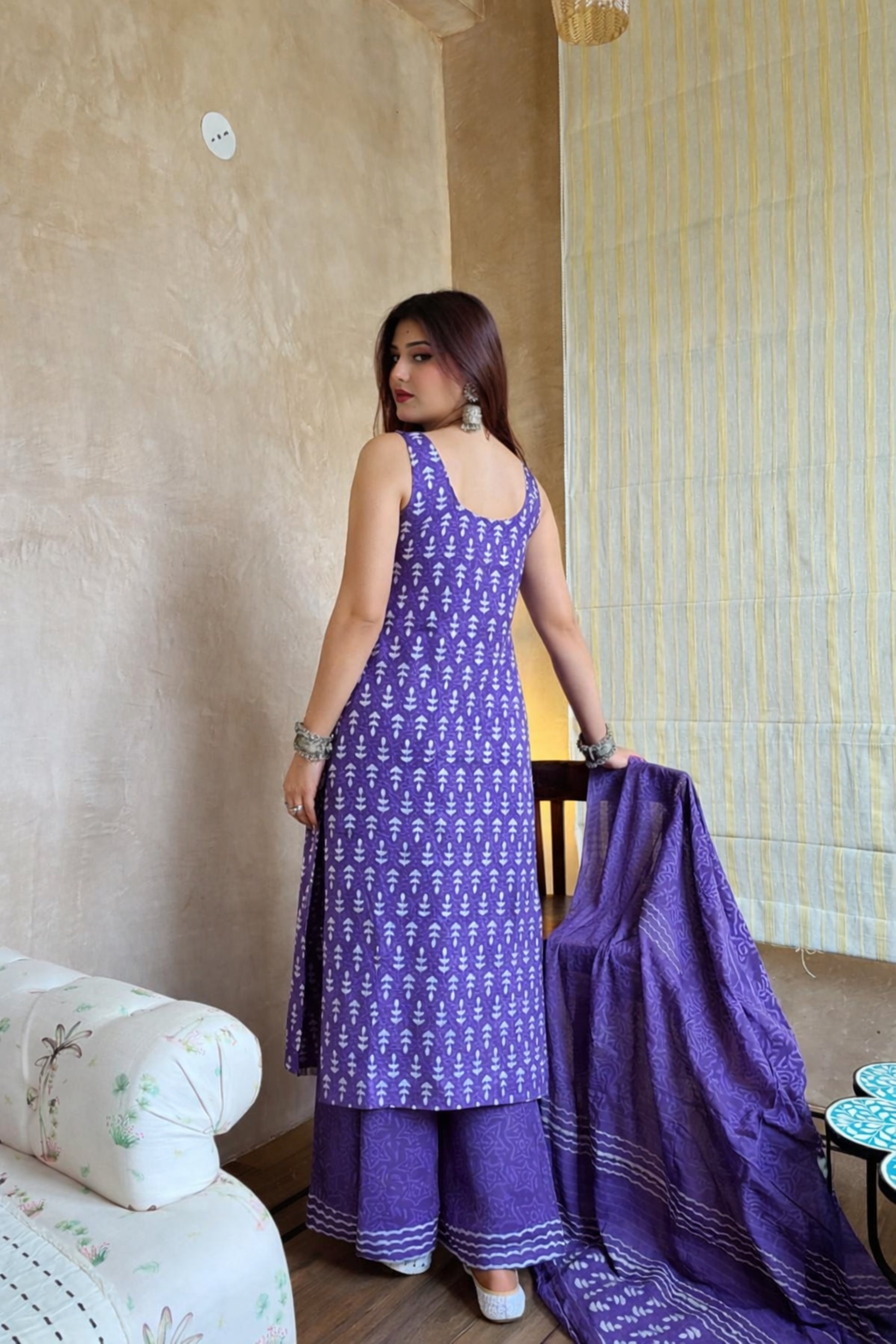 Women's Purple Block-Print Sleeveless Kurta Sharara Set with Dupatta.