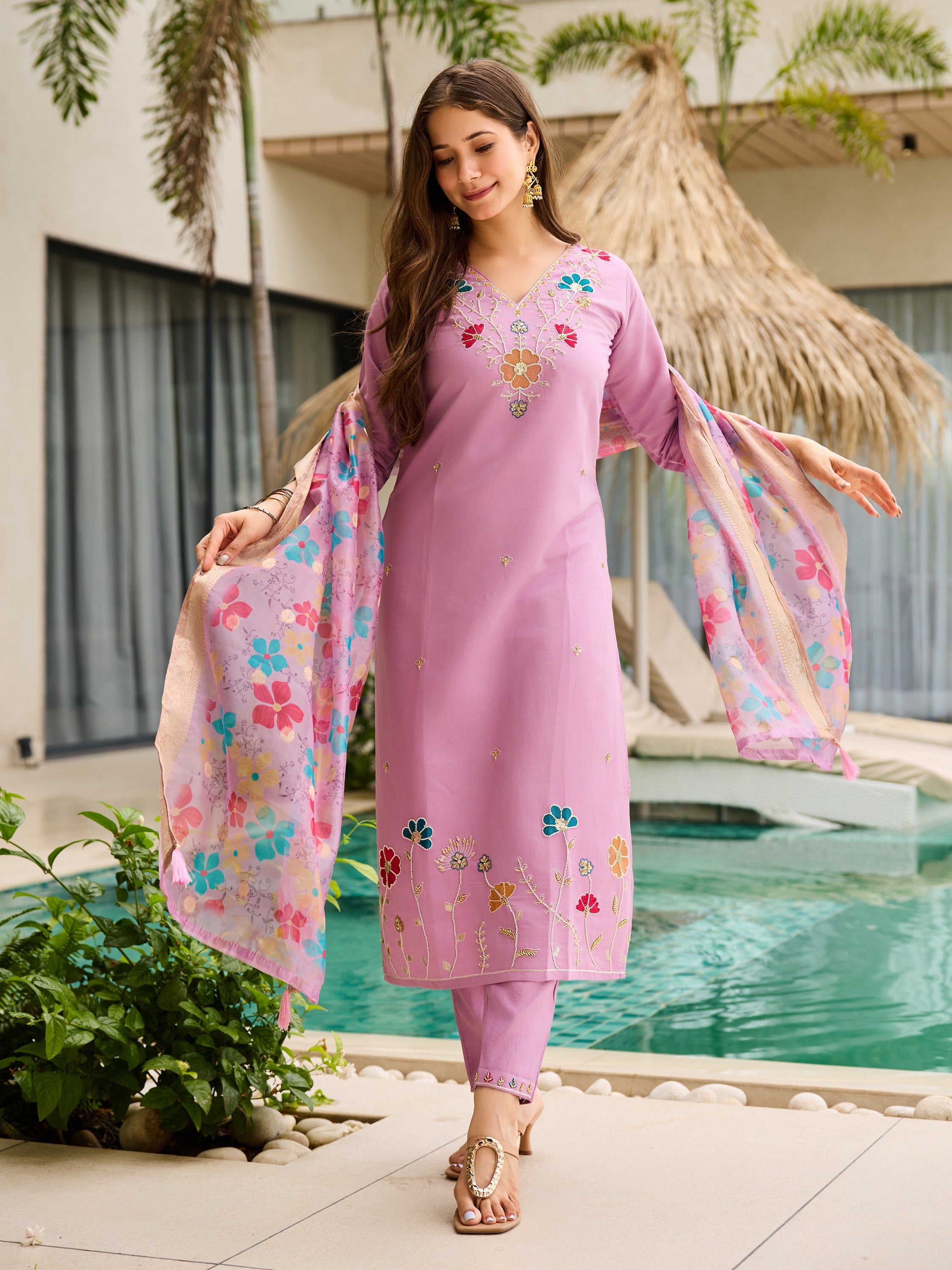 Light Purple Silk Blend Embroidery Kurta Suit Set