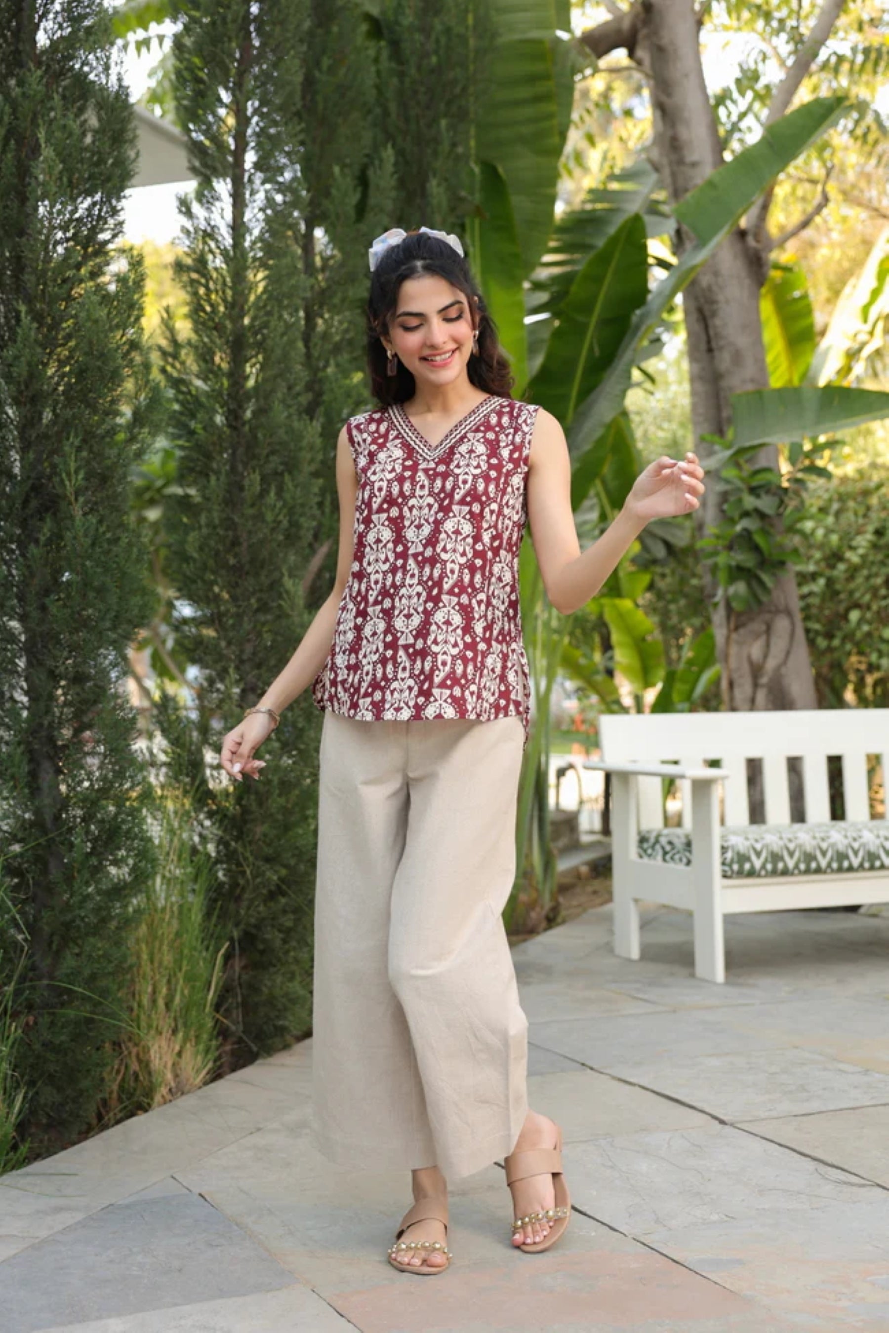Maroon Ethnic Buti Printed Sleeveless Cotton Top