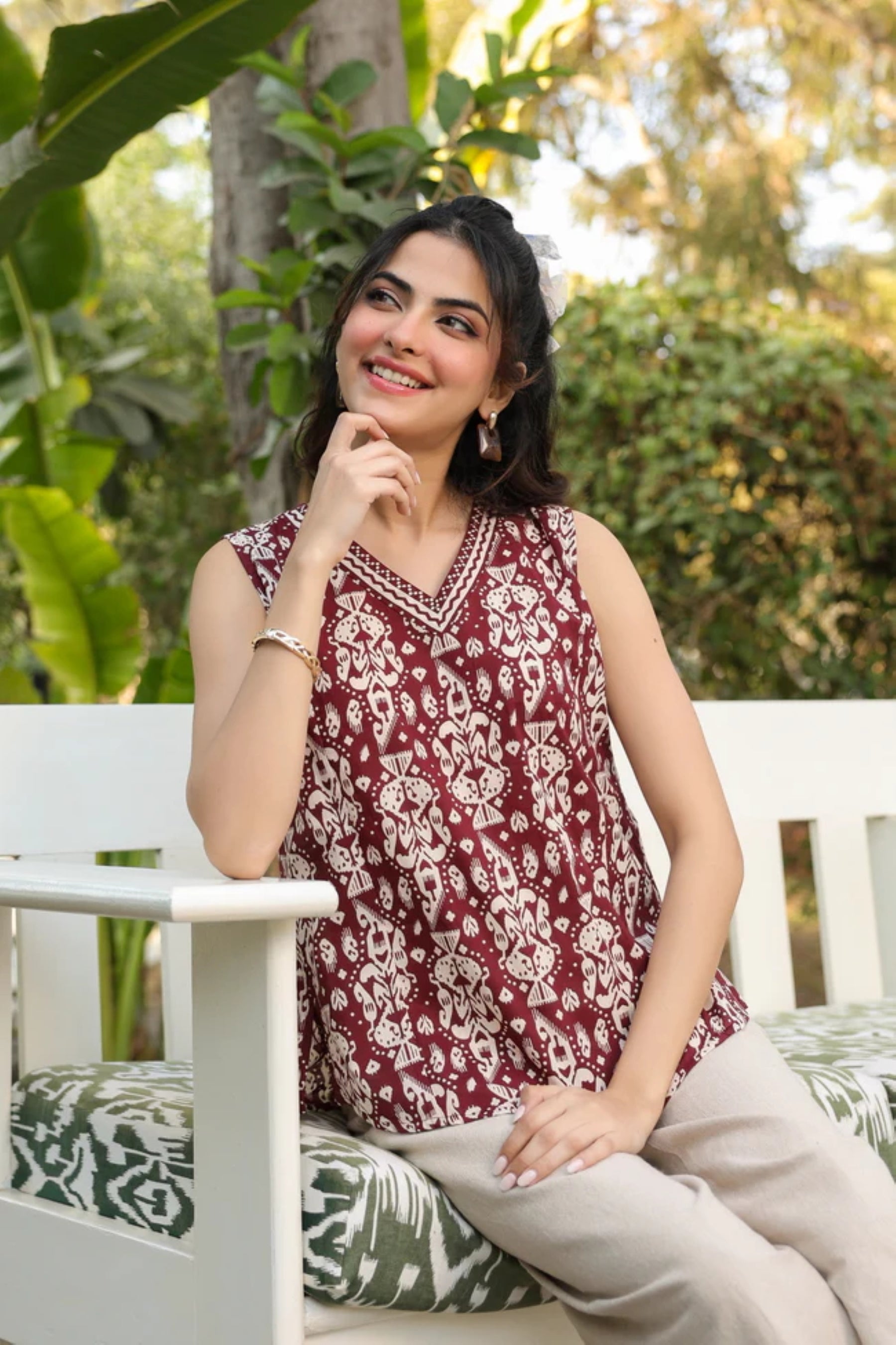 Maroon Ethnic Buti Printed Sleeveless Cotton Top