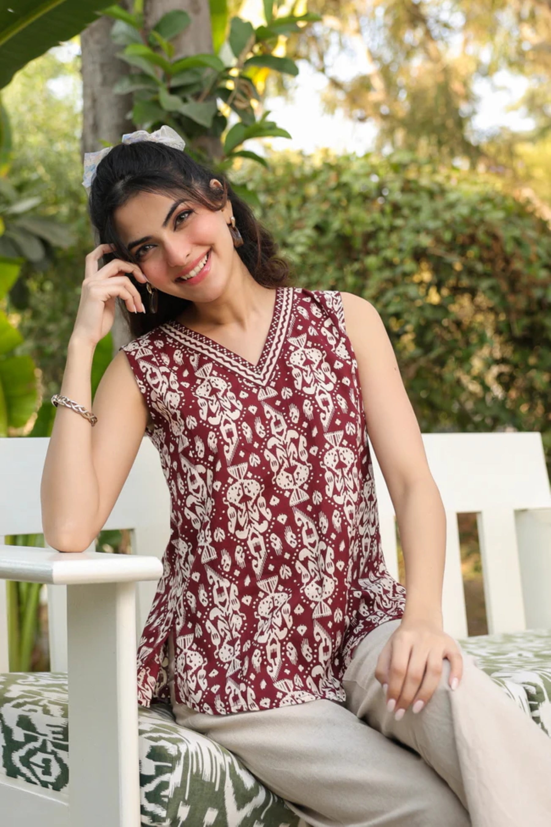 Maroon Ethnic Buti Printed Sleeveless Cotton Top
