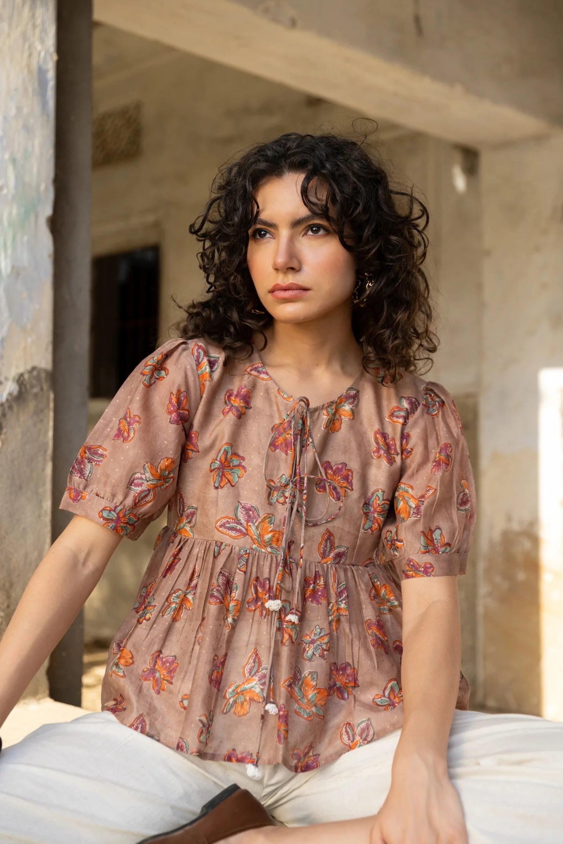 Twins Lady Floral Printed Round Neck Tunic Top