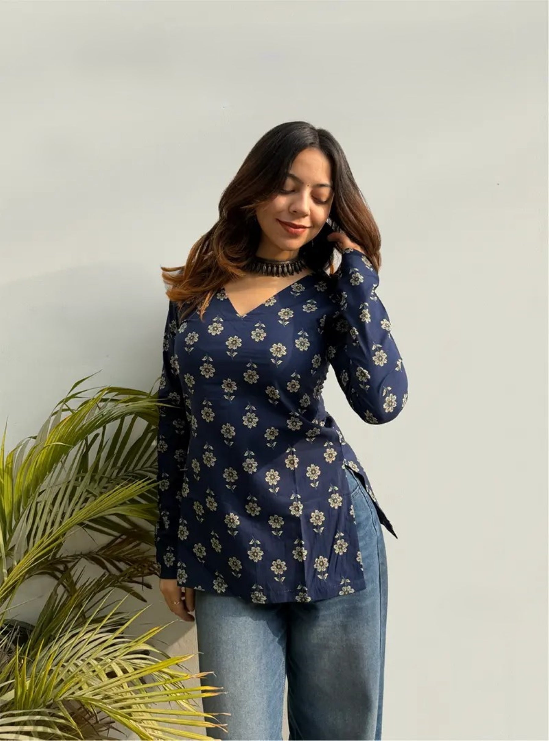 Navy Blue Floral Printed V-Neck Top