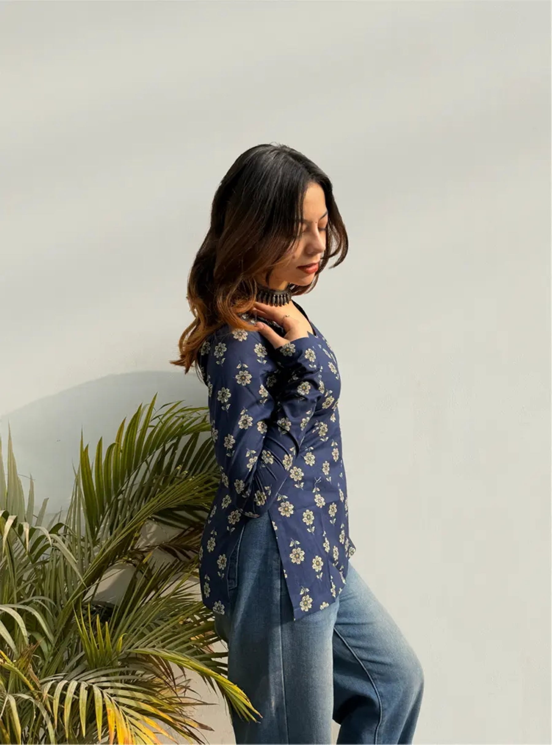 Navy Blue Floral Printed V-Neck Top