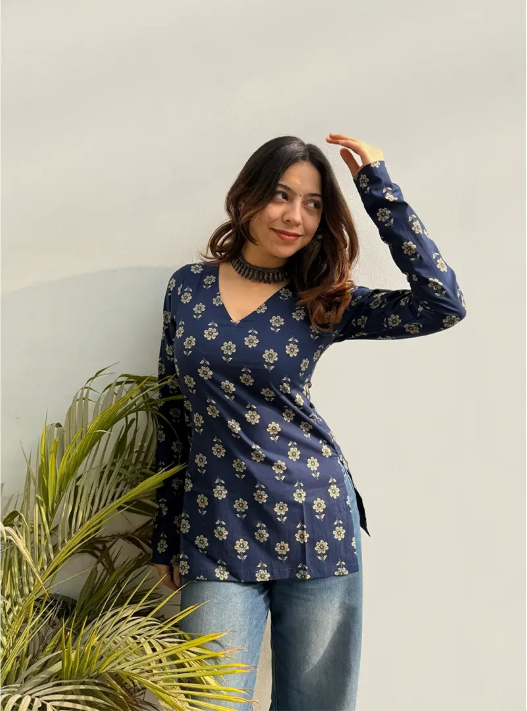 Navy Blue Floral Printed V-Neck Top