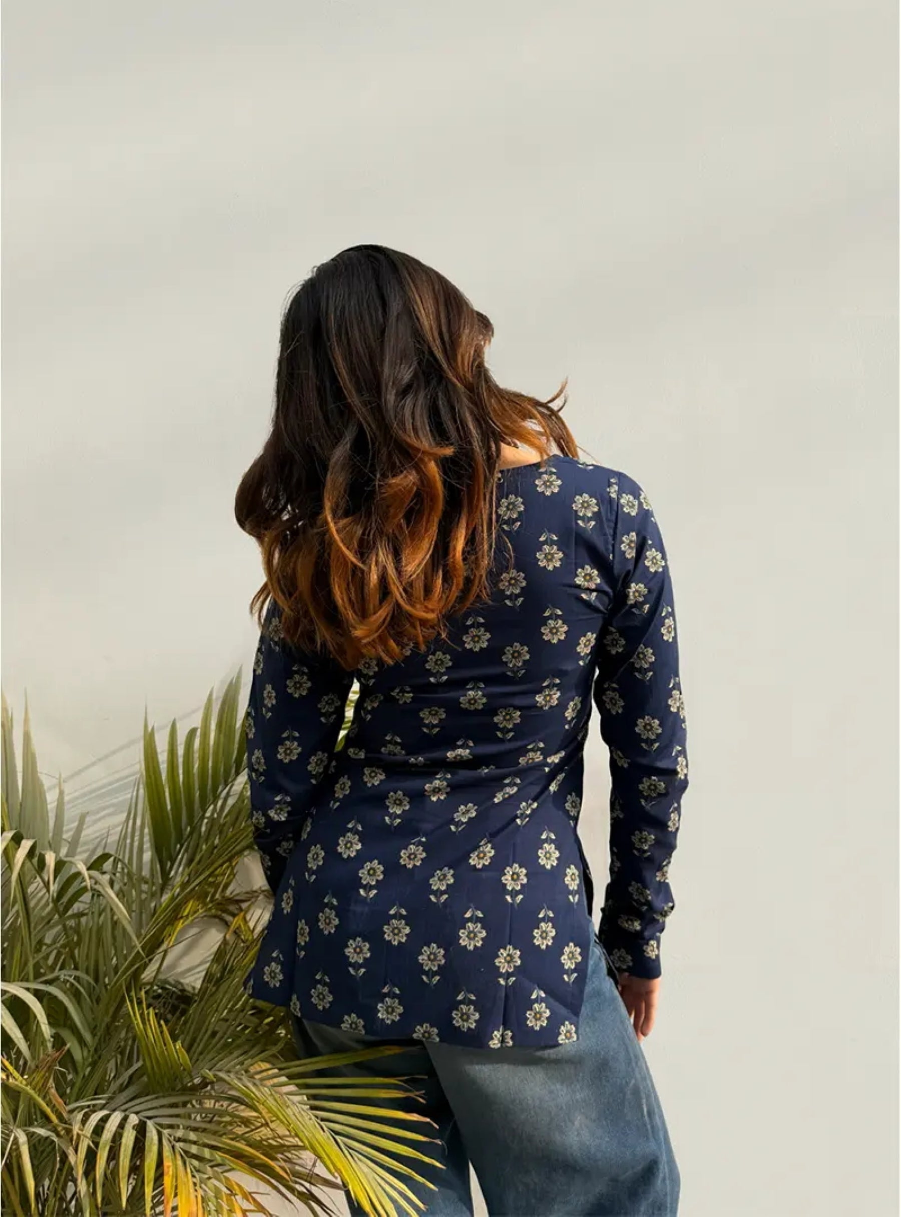 Navy Blue Floral Printed V-Neck Top