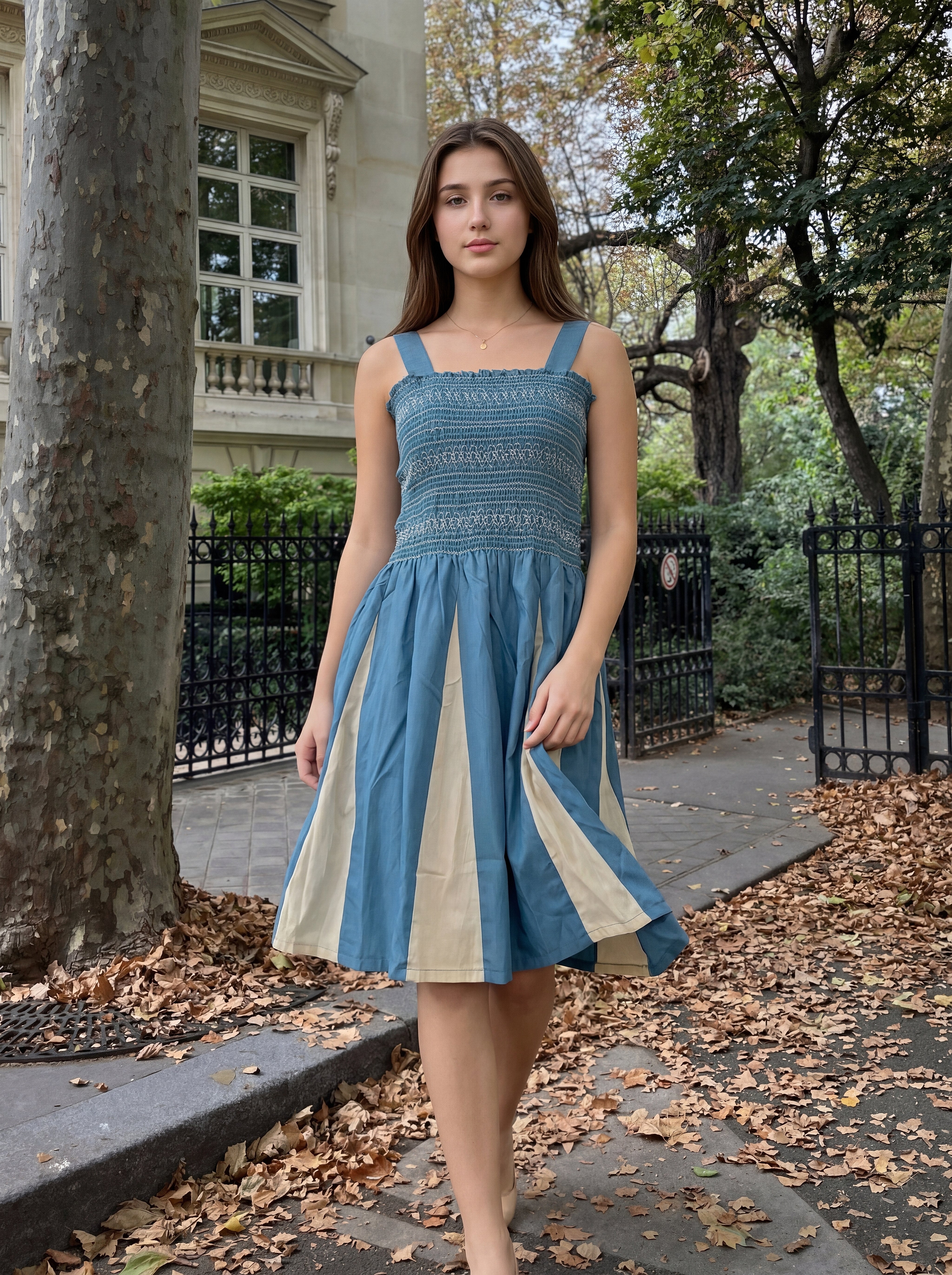 Sky Colour Elastic Thread Work Rayon Dress