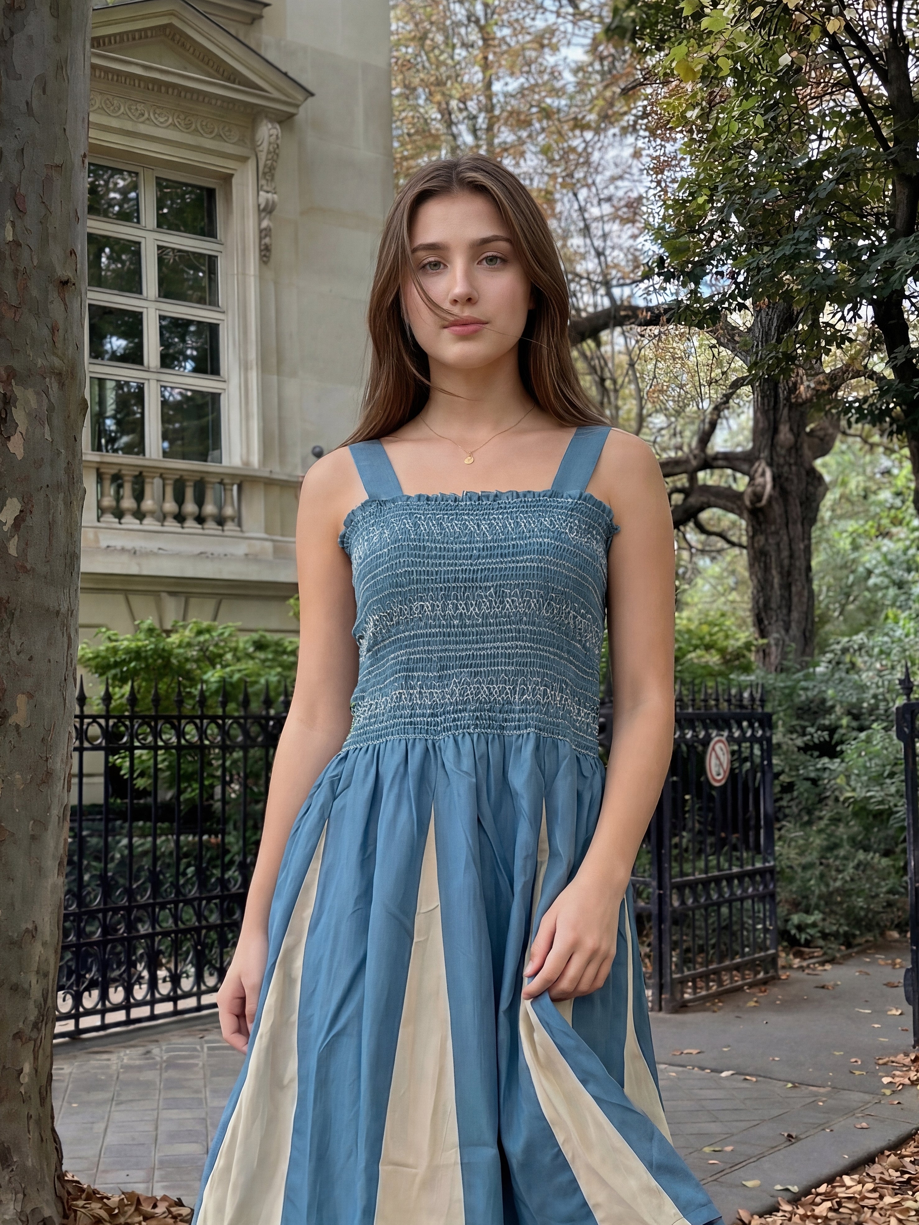 Sky Colour Elastic Thread Work Rayon Dress