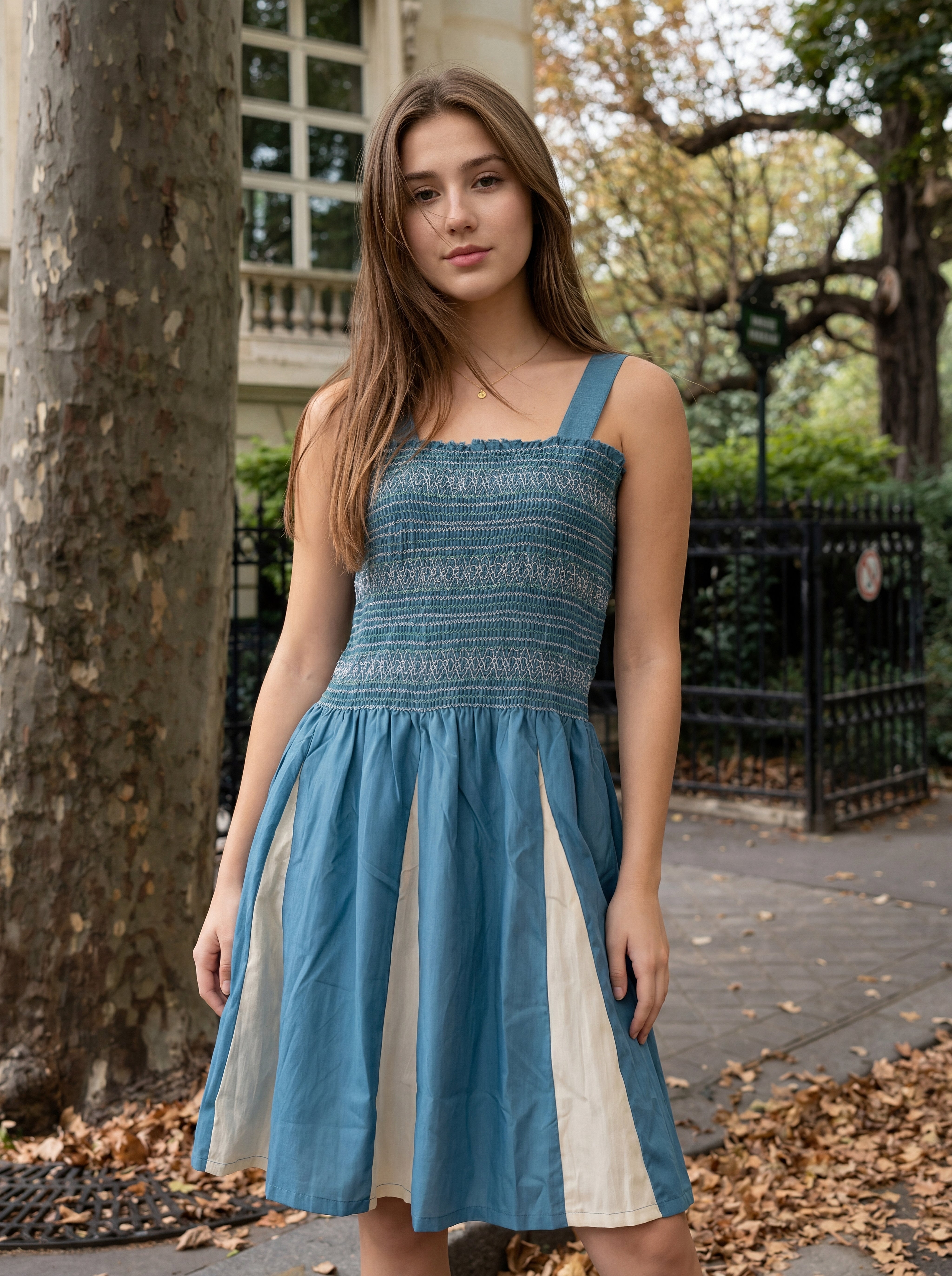 Sky Colour Elastic Thread Work Rayon Dress