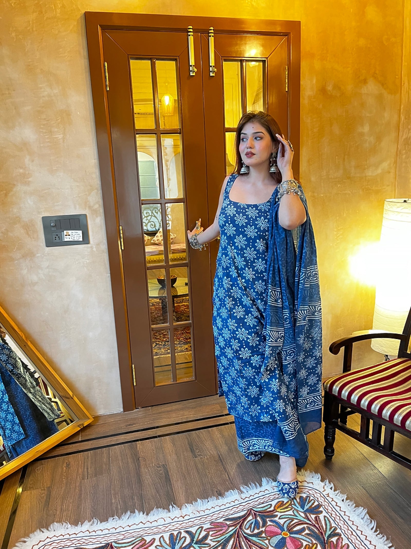 Women's Indigo Blue Floral Block-Print Sleeveless Kurta Palazzo Set with Dupatta