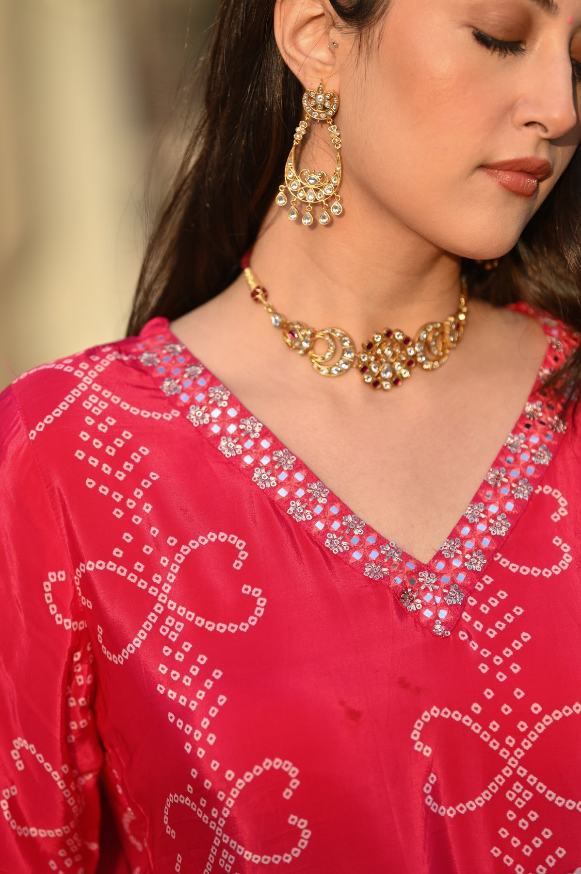 Pink Printed Chinon Bandhani Suit Set