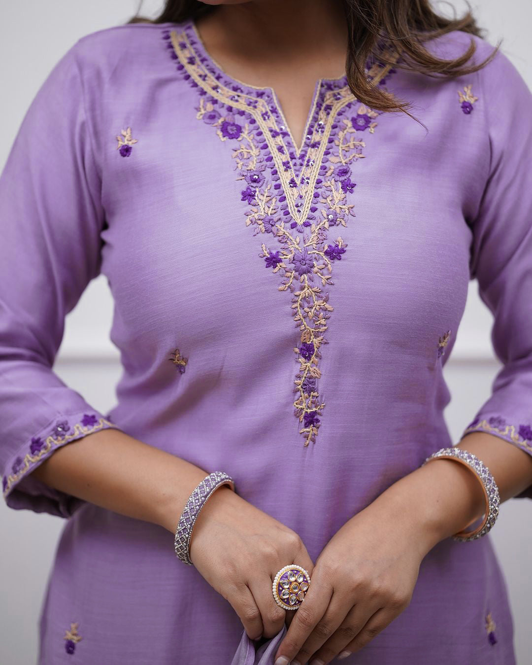 Lavender Embroidered Straight Kurta Pants Set