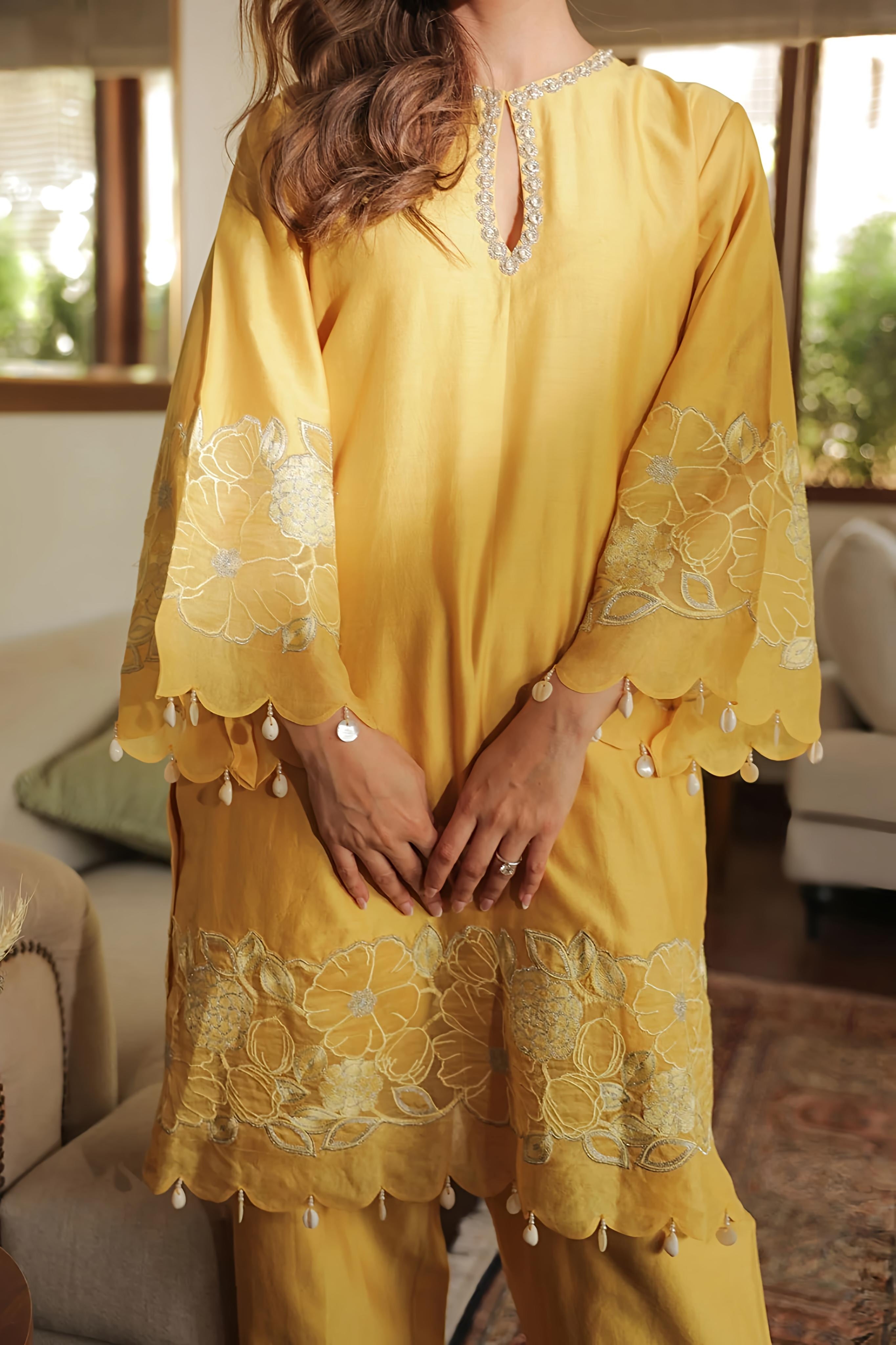 Mustard Yellow Embroidered Kurta Set
