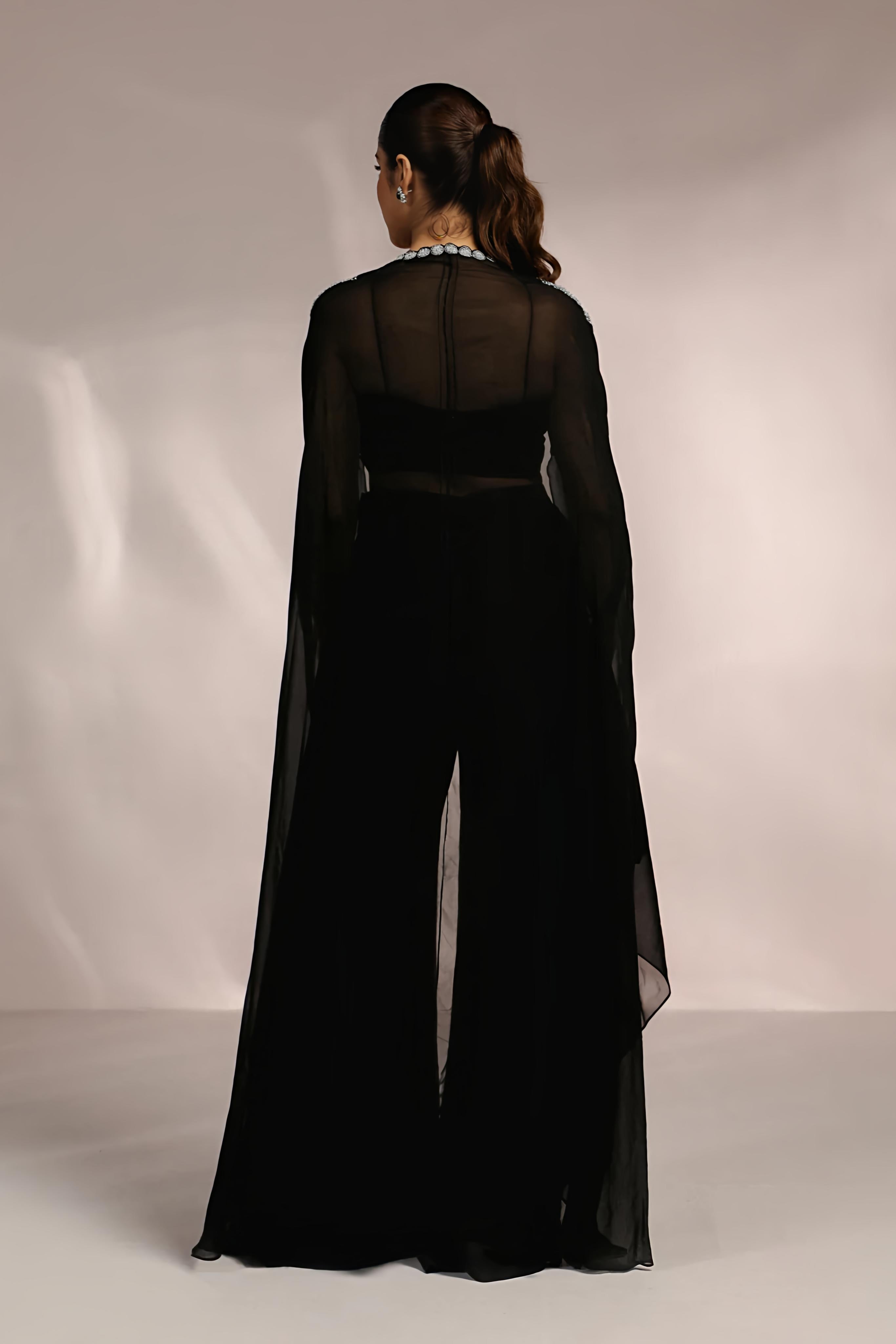 RUCHING BLOUSE WITH SIDE SLIGHT PANT AND CAPE SET