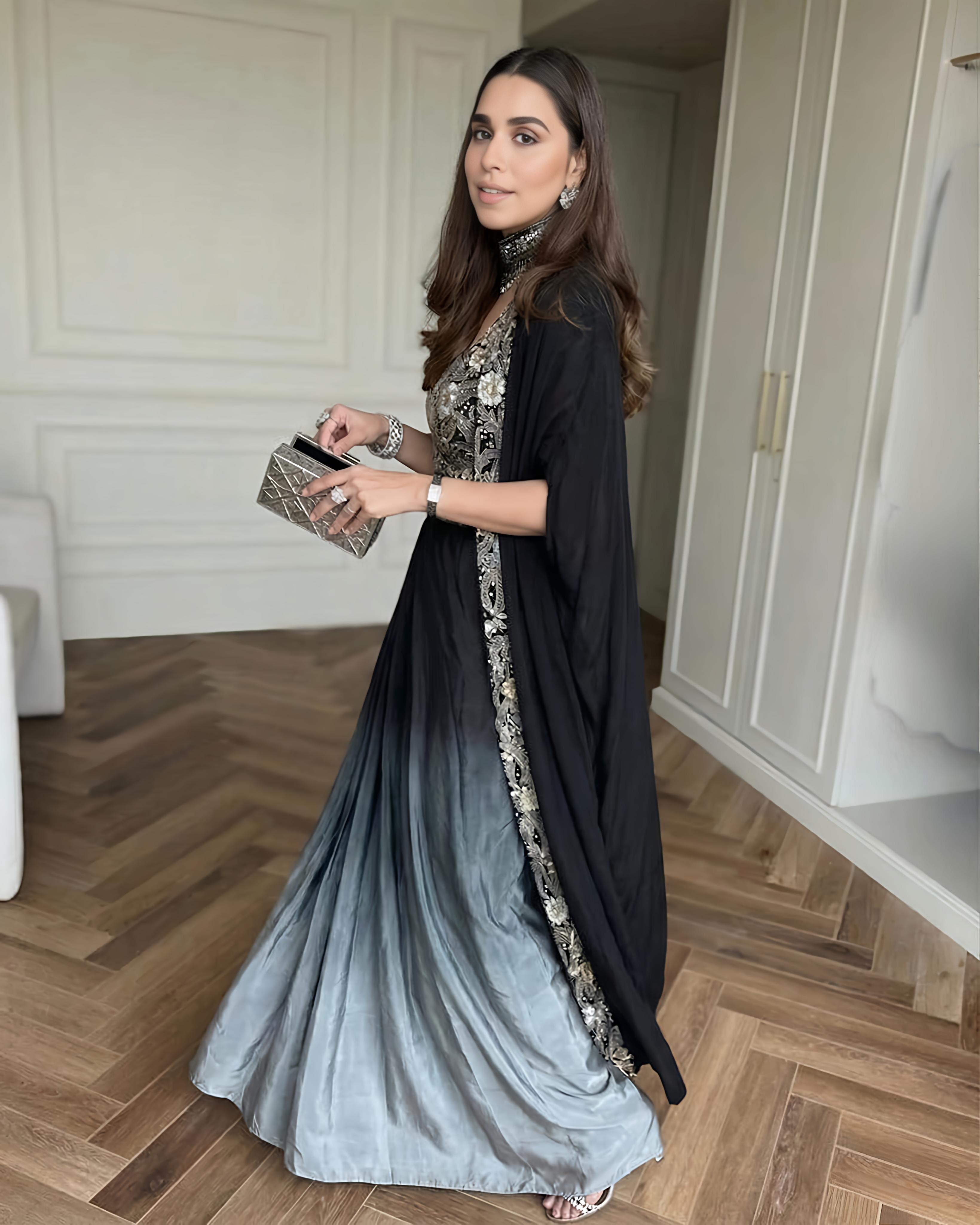 Black Ombre Draped Dhoti Skirt Set