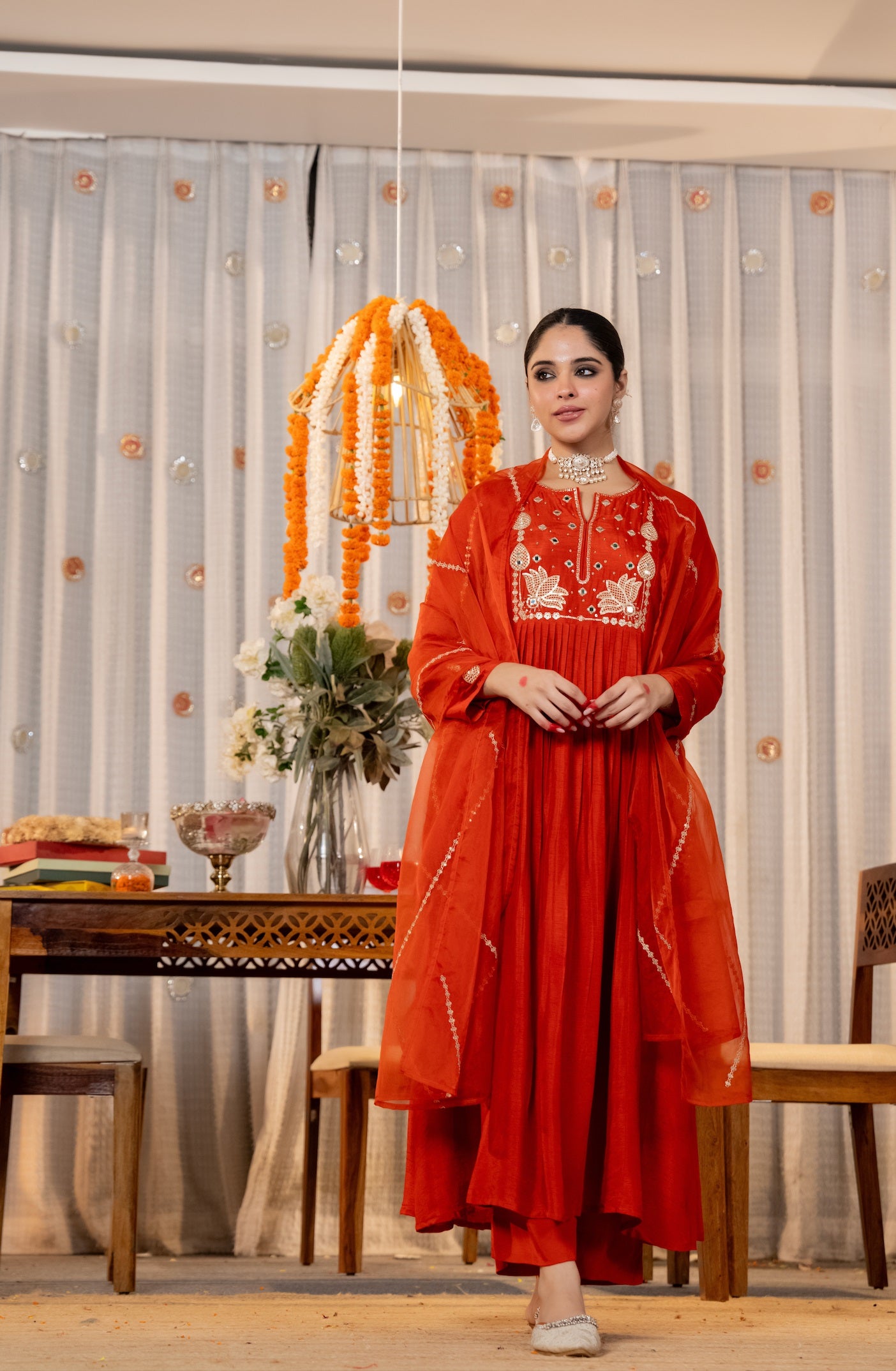 Tomato Red Gathering Anarkali Kurta Pant Suit Set with Dupatta