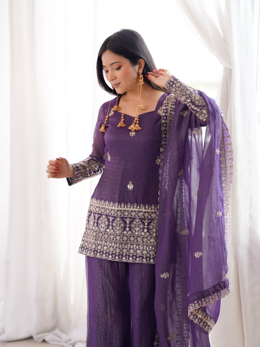 Purple Crunchy Silk Embroidered Kurta Palazzo Set