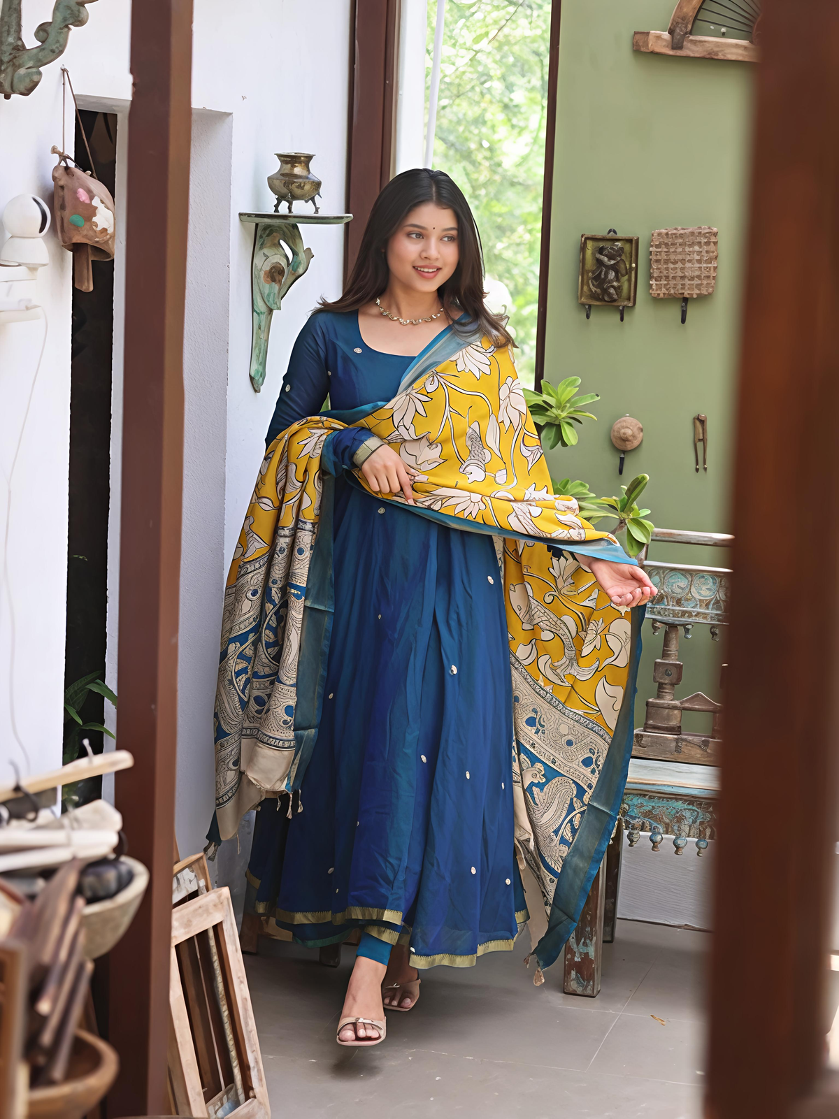 Narayanpet Anarkali Peacock Blue Kalamkari