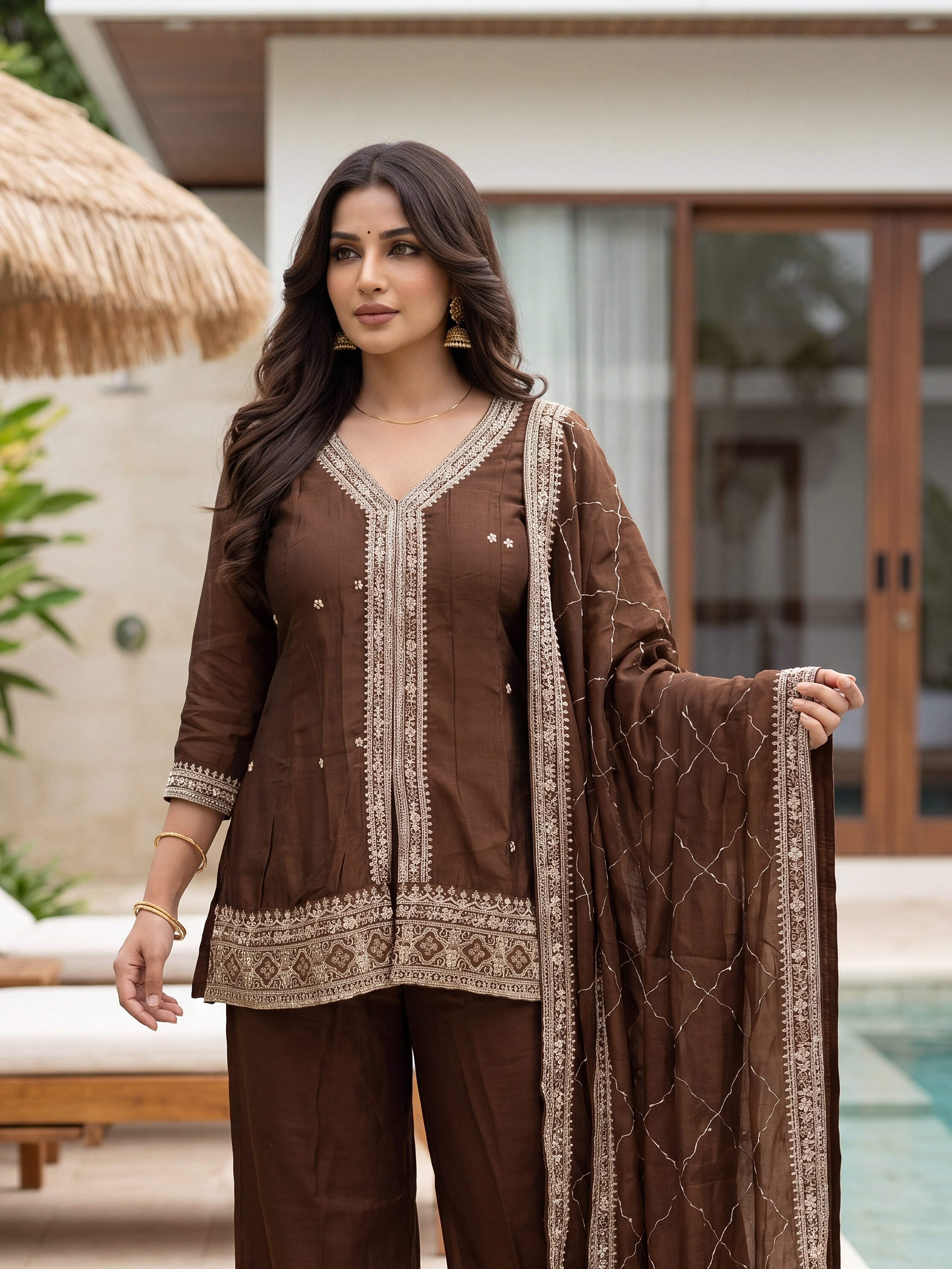Vichitra Silk Embroidered V-Neck Kurta Pant Set with Dupatta