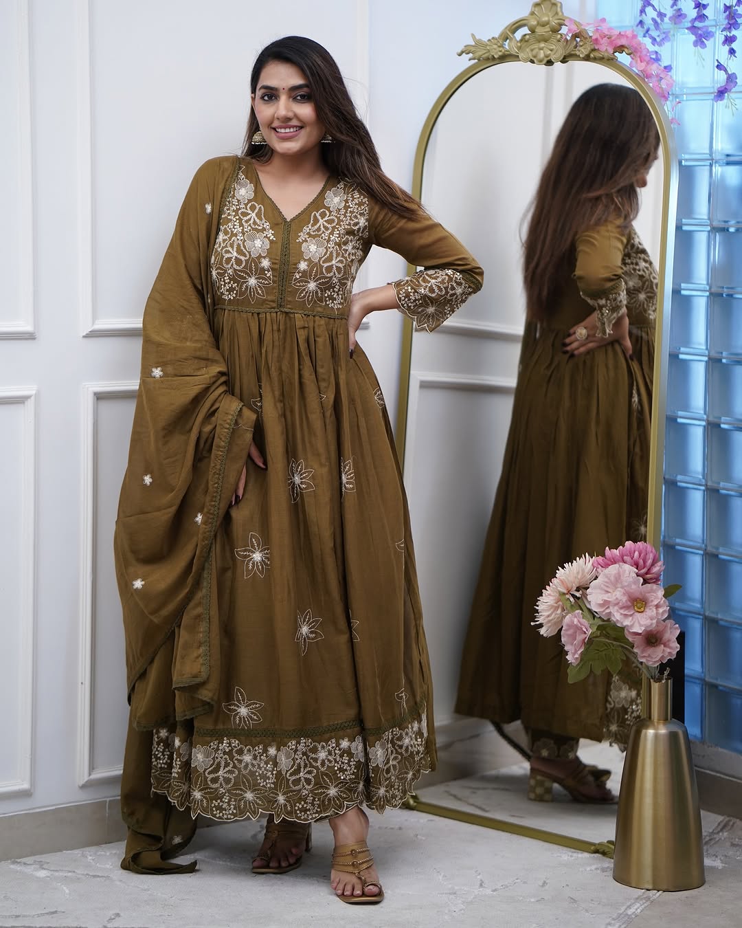 Olive Green Cotton Silk Floral Embroidered Anarkali Gown Set