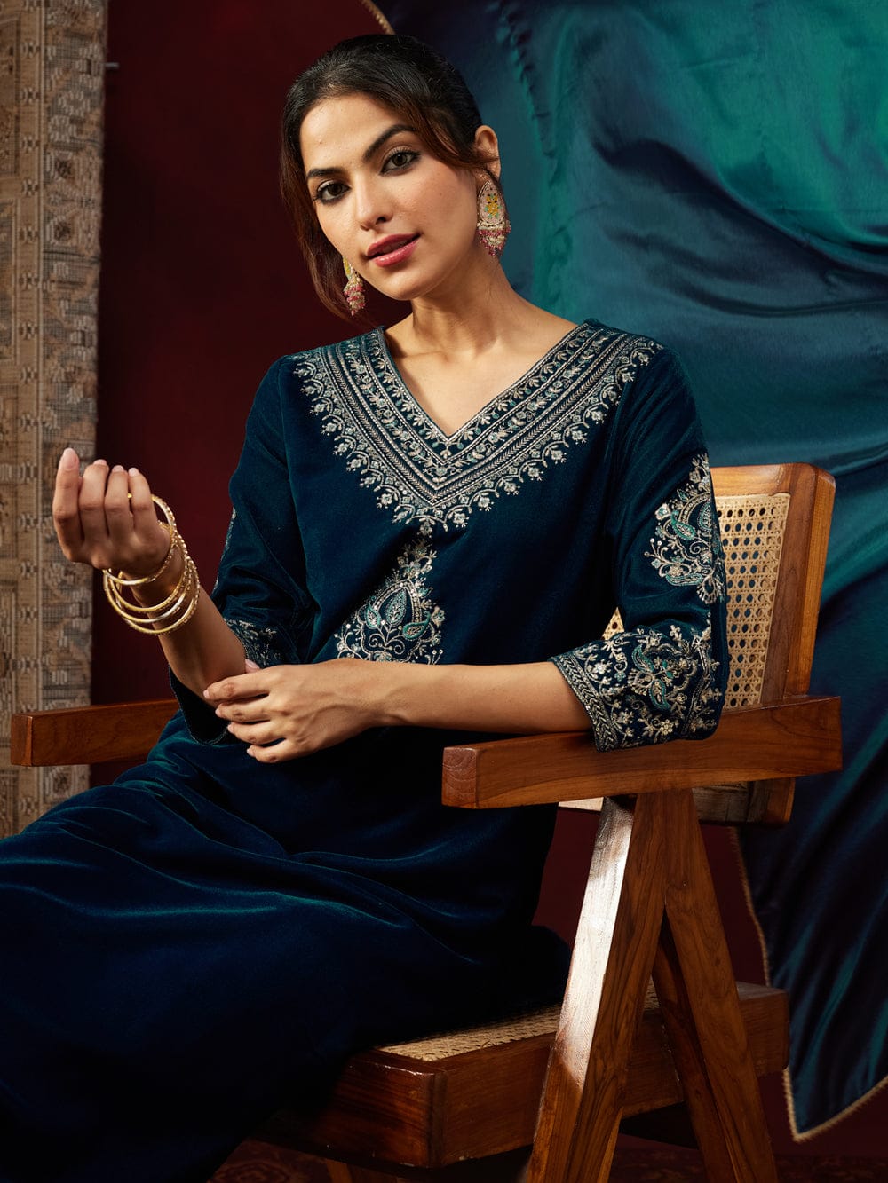 Teal Blue Velvet Zari Embroidered Straight Kurta Set
