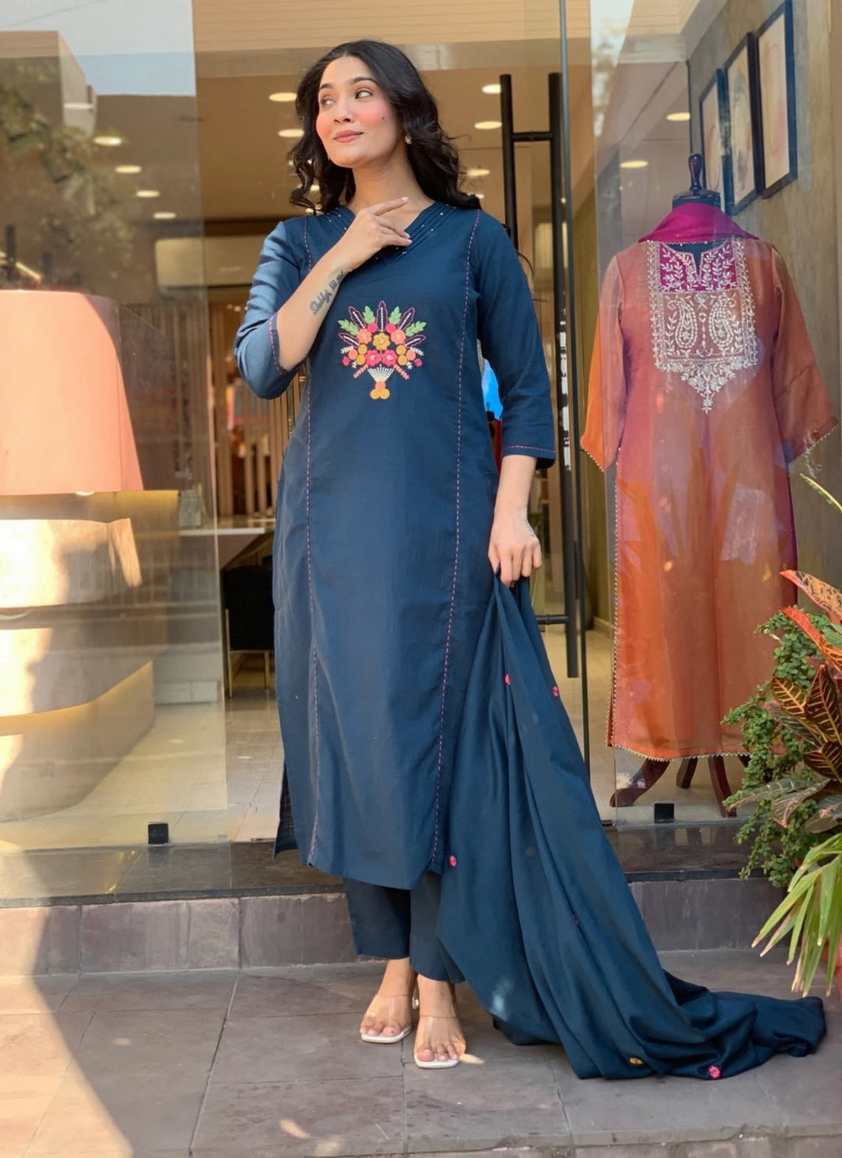 Blue Embroidered Cotton Flex Kurta and Pant Set with Dupatta