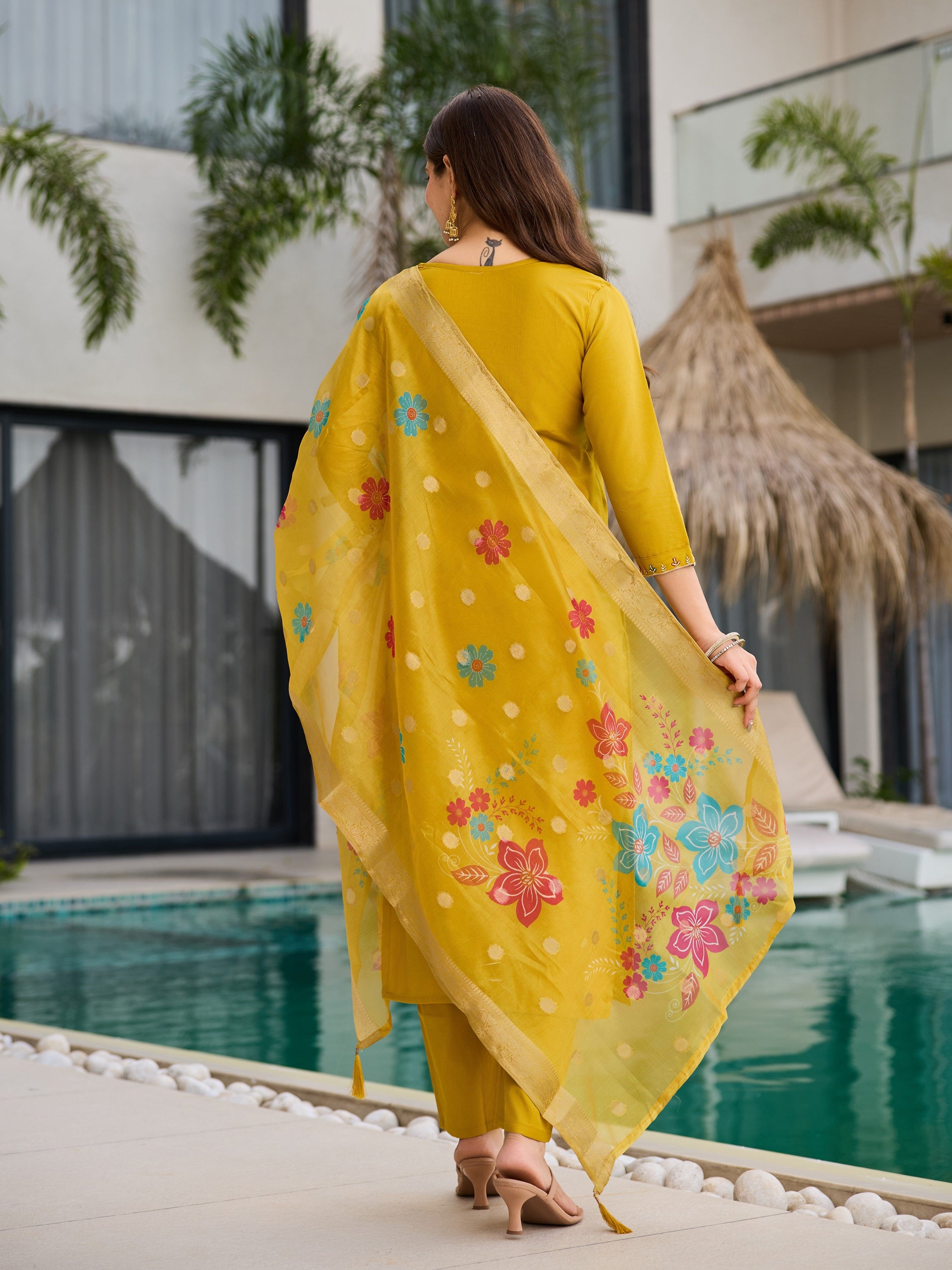 Mustard Viscose Gadhwal Kurta Set