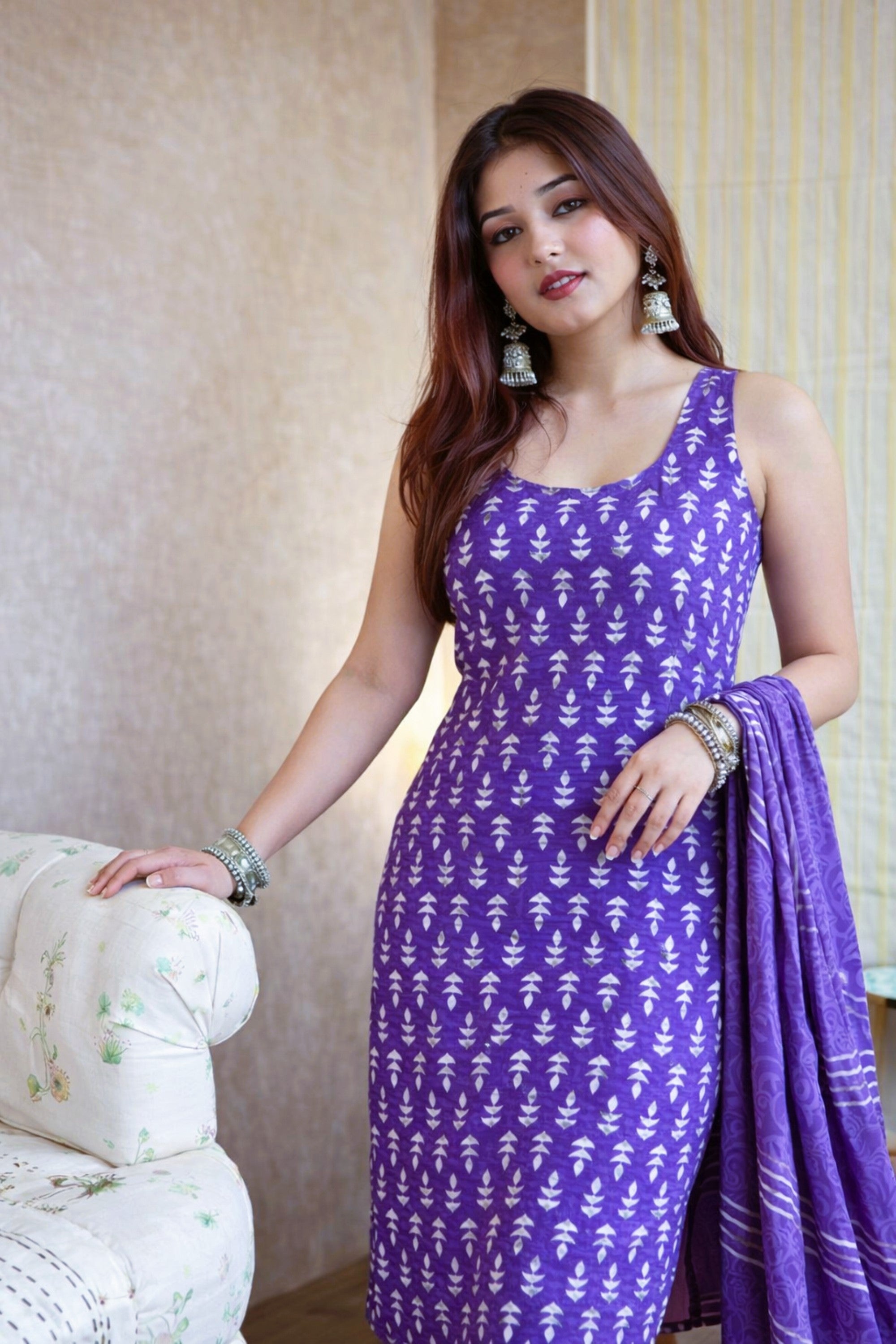 Women's Purple Block-Print Sleeveless Kurta Sharara Set with Dupatta.