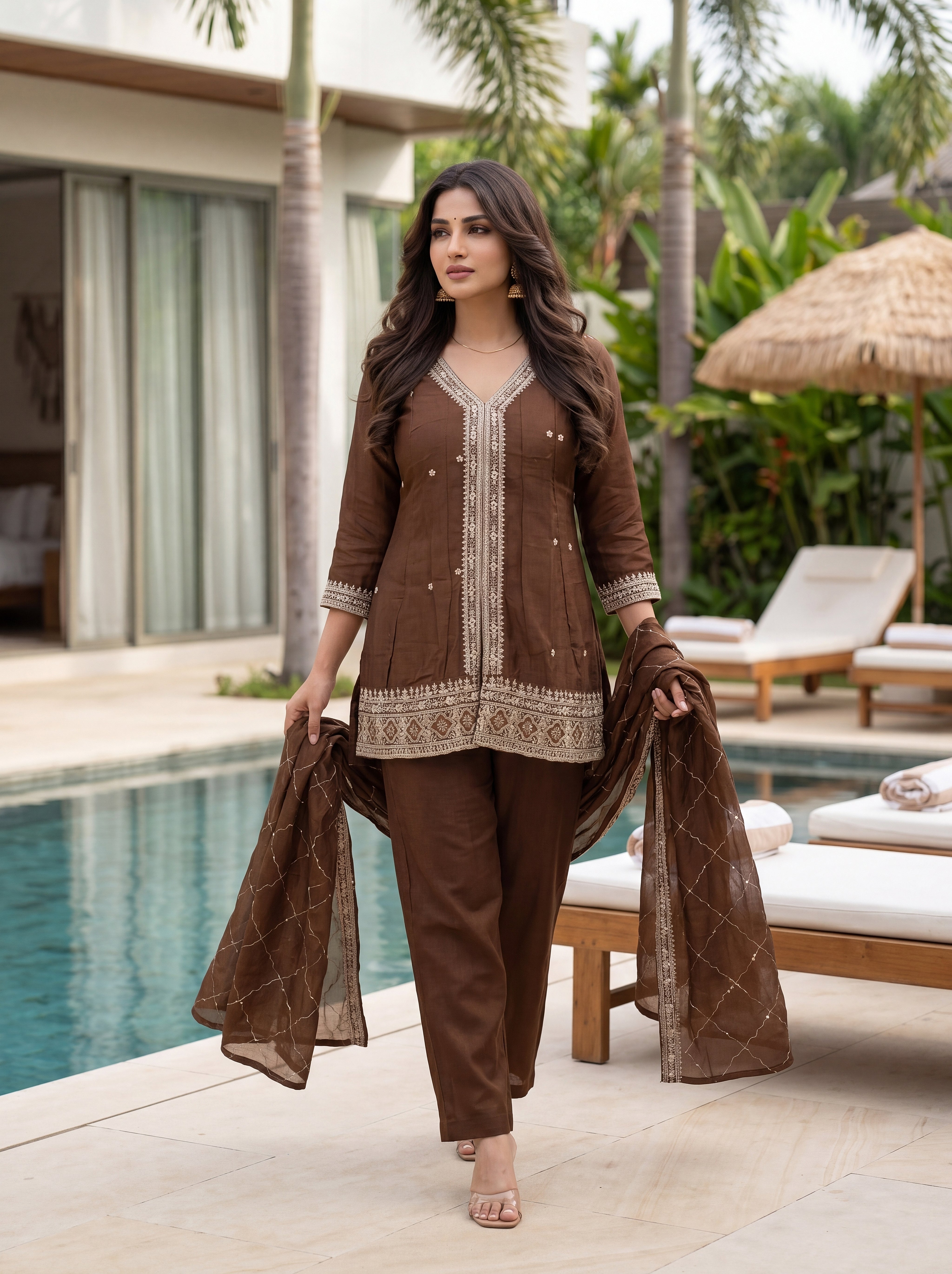 Vichitra Silk Embroidered V-Neck Kurta Pant Set with Dupatta