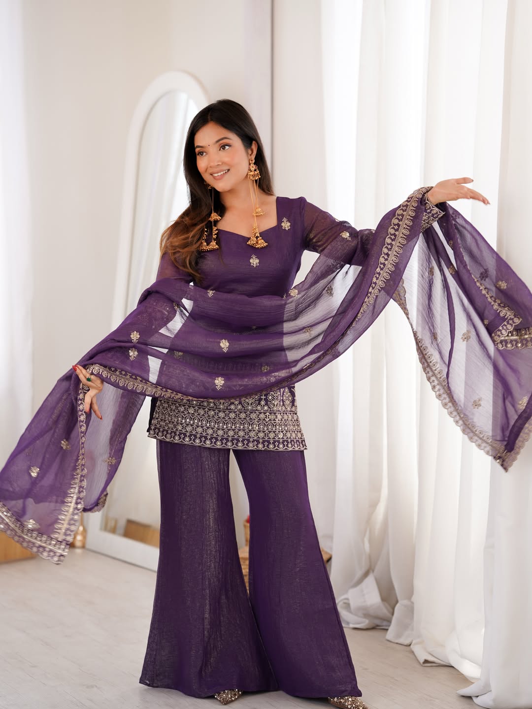 Purple Crunchy Silk Embroidered Kurta Palazzo Set