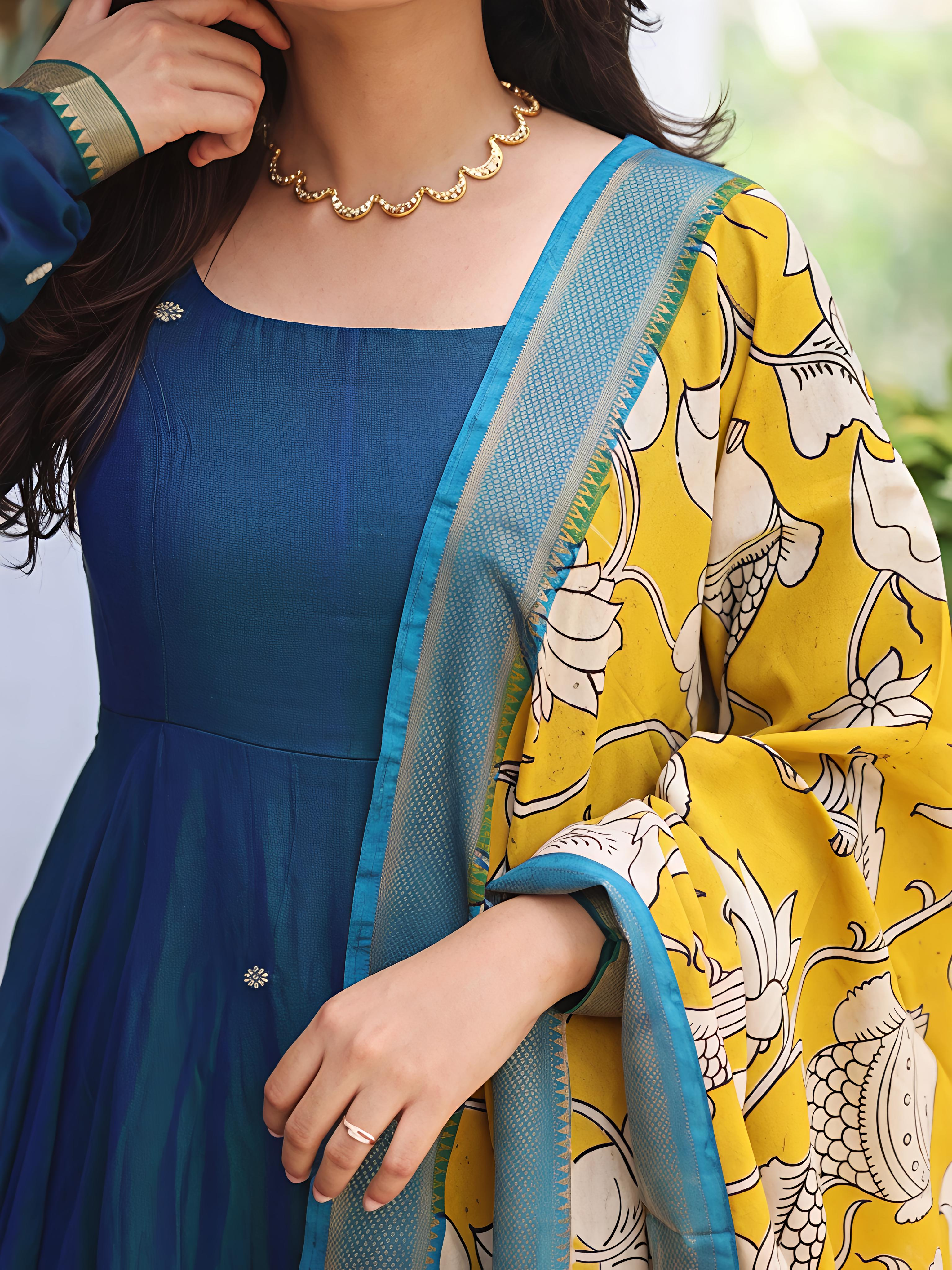 Narayanpet Anarkali Peacock Blue Kalamkari