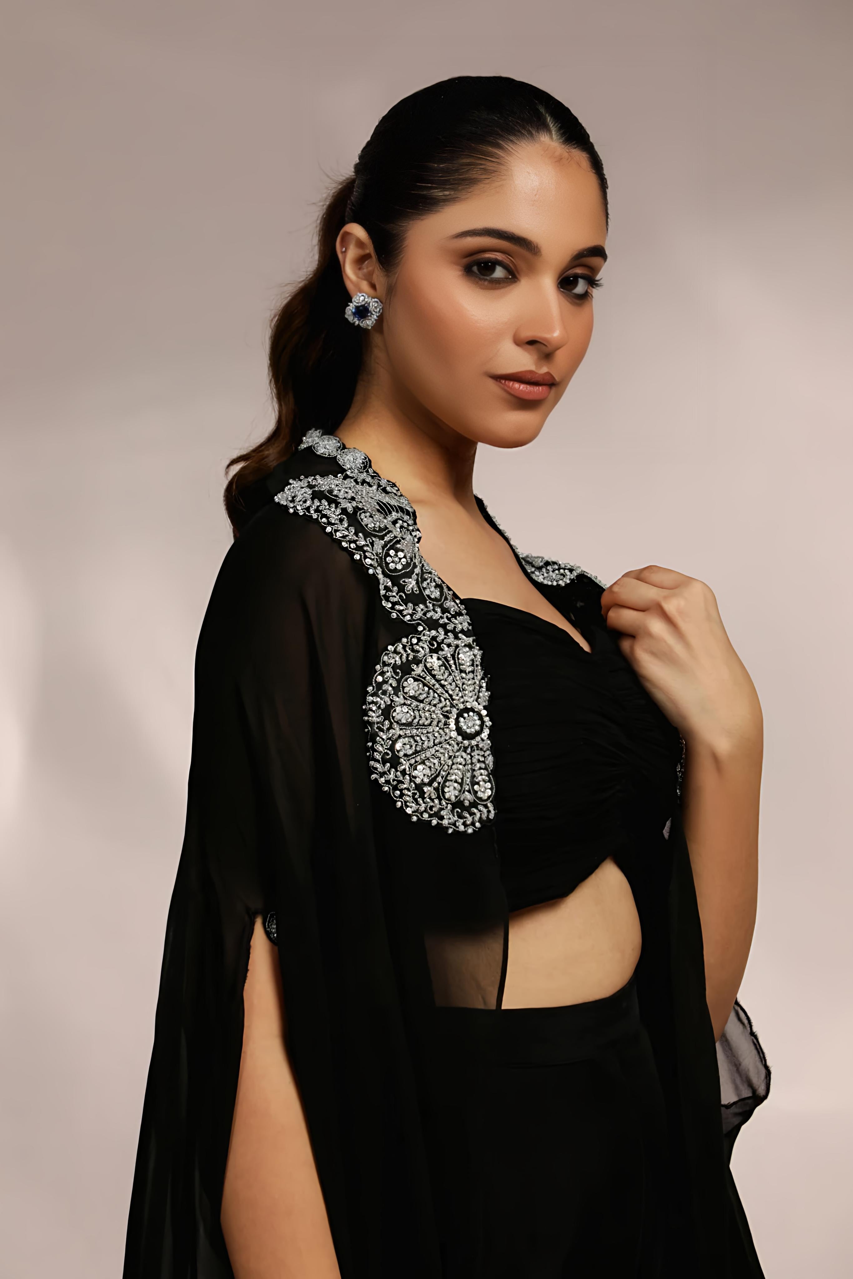 RUCHING BLOUSE WITH SIDE SLIGHT PANT AND CAPE SET