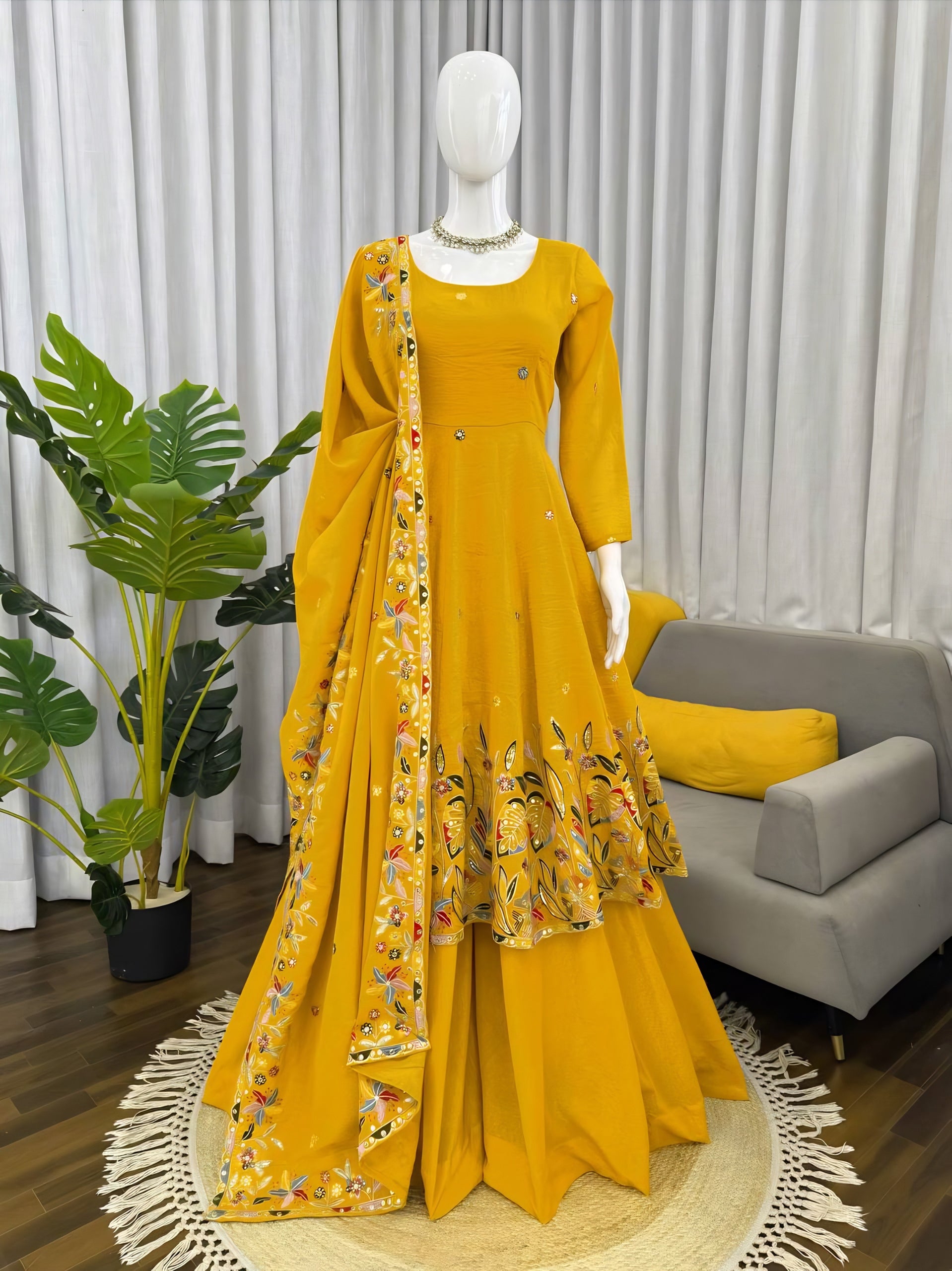 Yellow Embroidered Crunchy Silk Anarkali Suit Set
