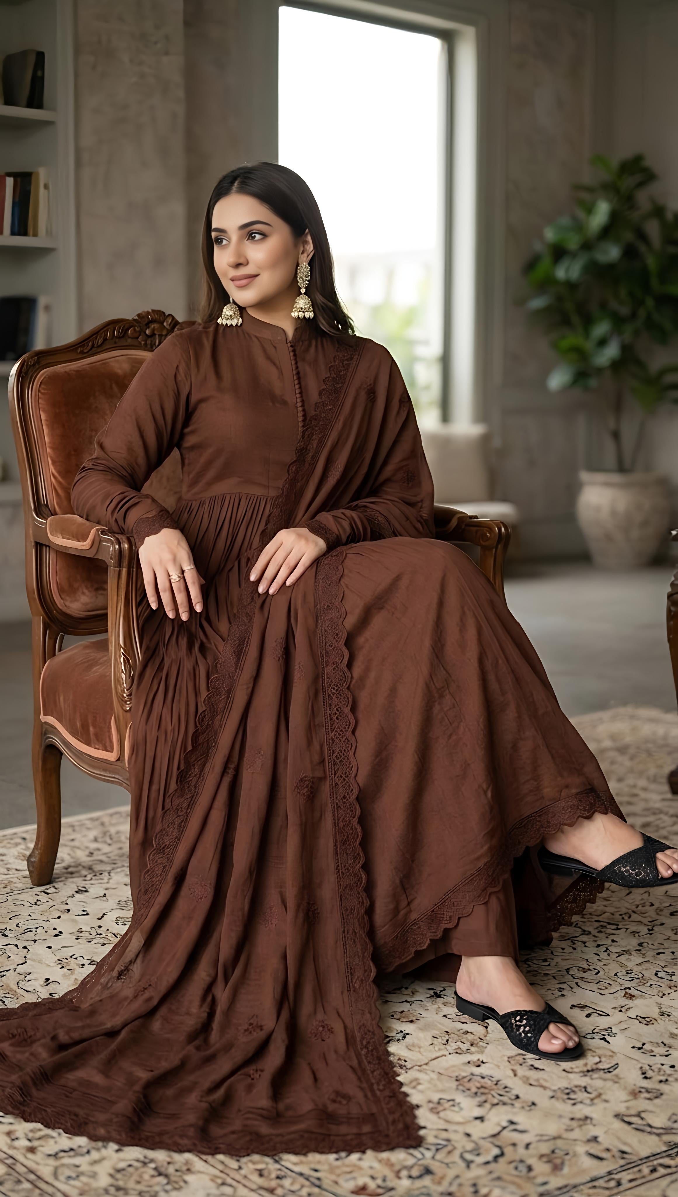 Brown Flared Anarkali Suit Set with Dupatta