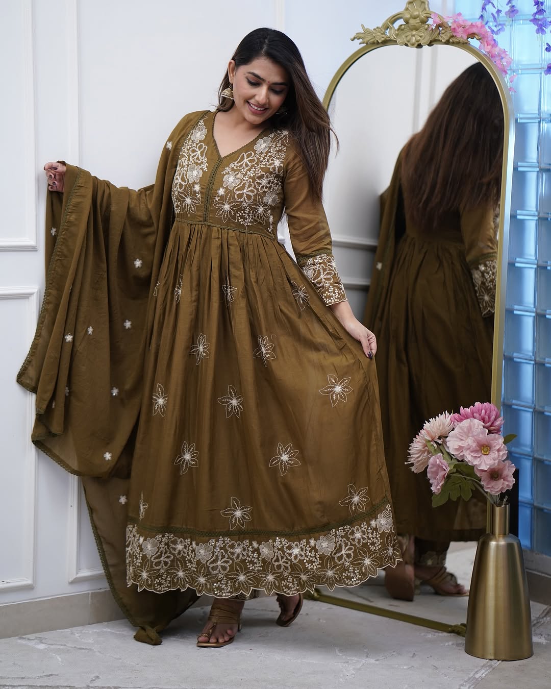 Olive Green Cotton Silk Floral Embroidered Anarkali Gown Set